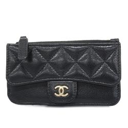 Chanel Wallet/Coin Case Matelasse Caviar Skin Black Champagne Women's