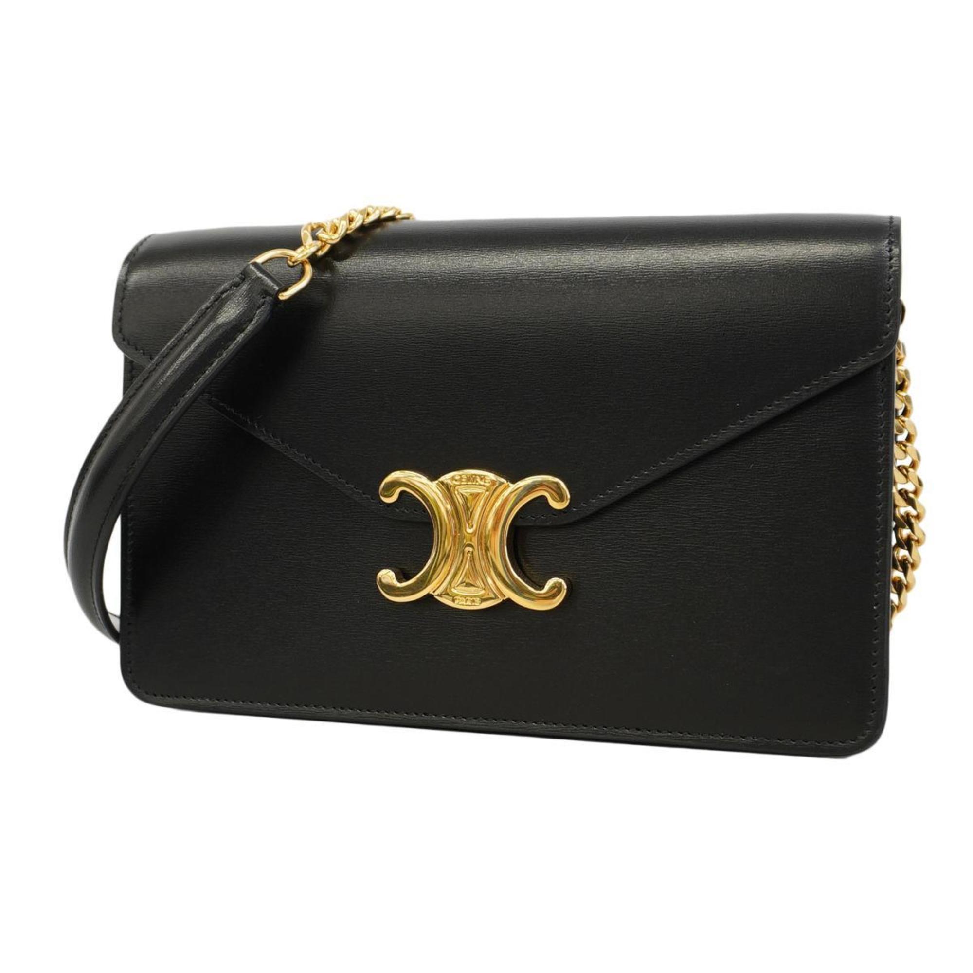 Celine Shoulder Bag Triomphe Leather Black Women's