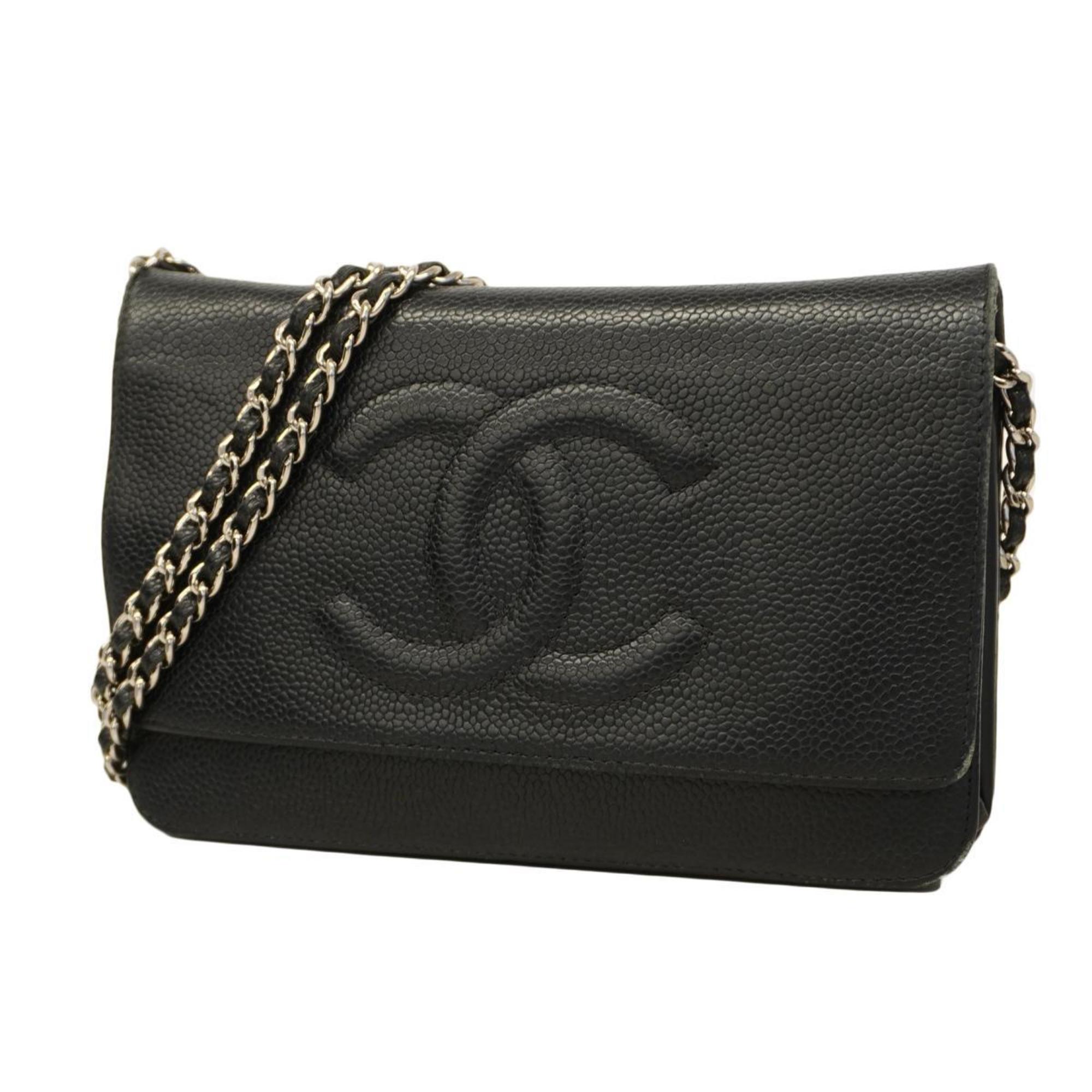 Chanel Shoulder Wallet Chain Caviar Skin Black Women's