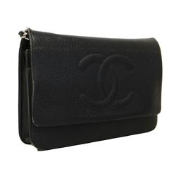 Chanel Shoulder Wallet Chain Caviar Skin Black Women's