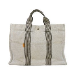 Hermes HERMES Tote Bag New Foultou MM Cotton Stripe Black Serie Button Toile H Light Gray Men's Women's