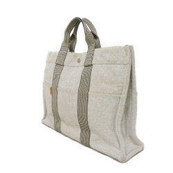 Hermes HERMES Tote Bag New Foultou MM Cotton Stripe Black Serie Button Toile H Light Gray Men's Women's