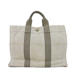 Hermes HERMES Tote Bag New Foultou MM Cotton Stripe Black Serie Button Toile H Light Gray Men's Women's