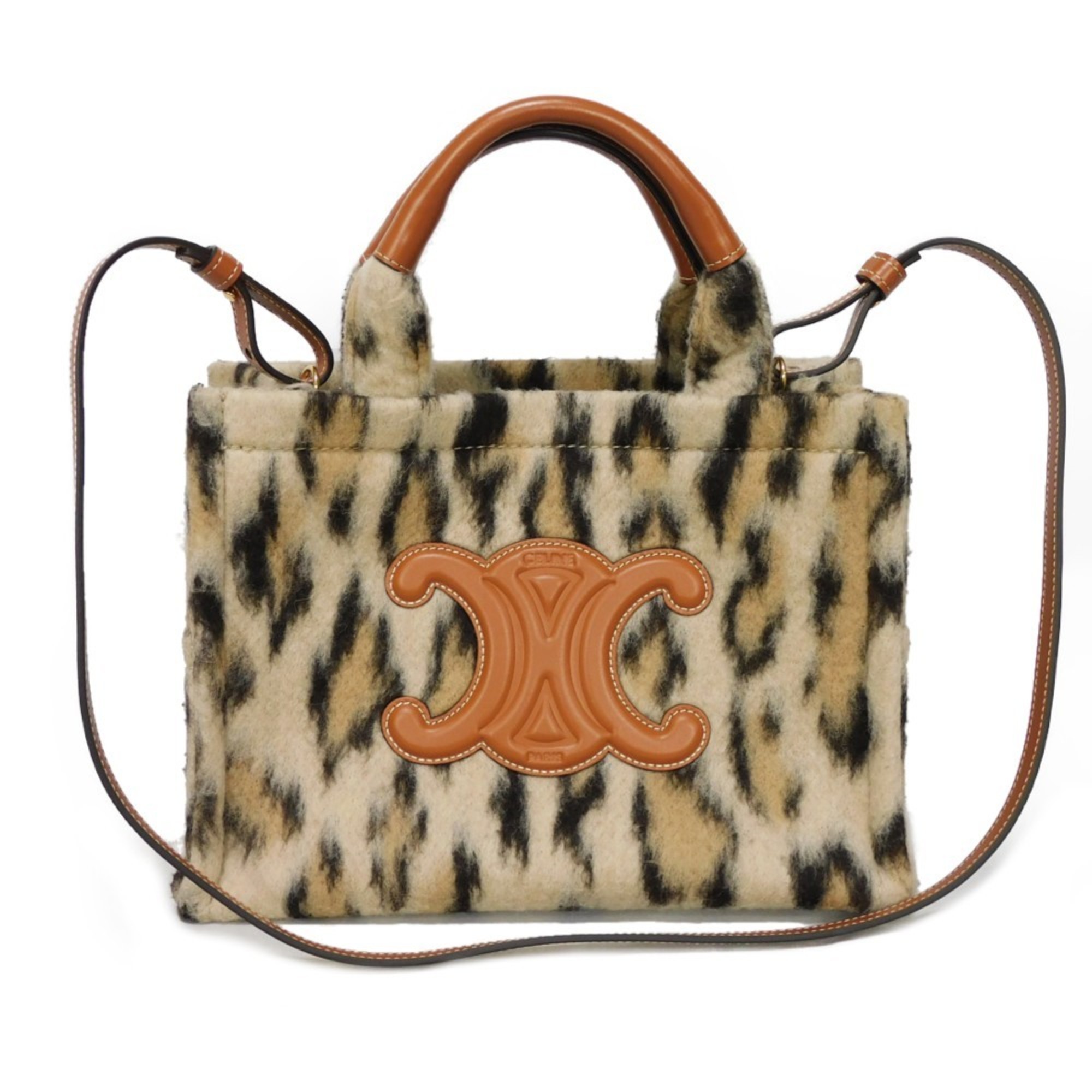 CELINE Tote Bag Small Cabas Thais Textile Calf Tan Shoulder Triomphe Leopard 199162FK1.19LE Women's Bags