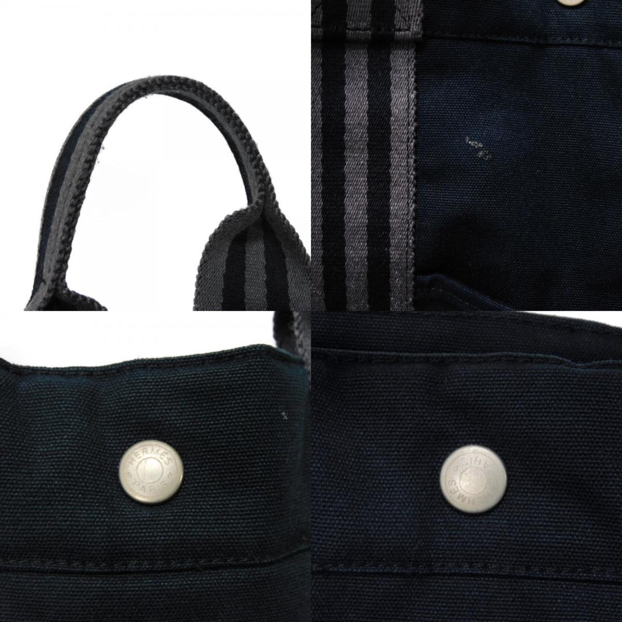 Hermes HERMES Tote Bag Foultou MM Black Gray Stripe Bicolor Handbag Serie Button Cotton Men's Women's