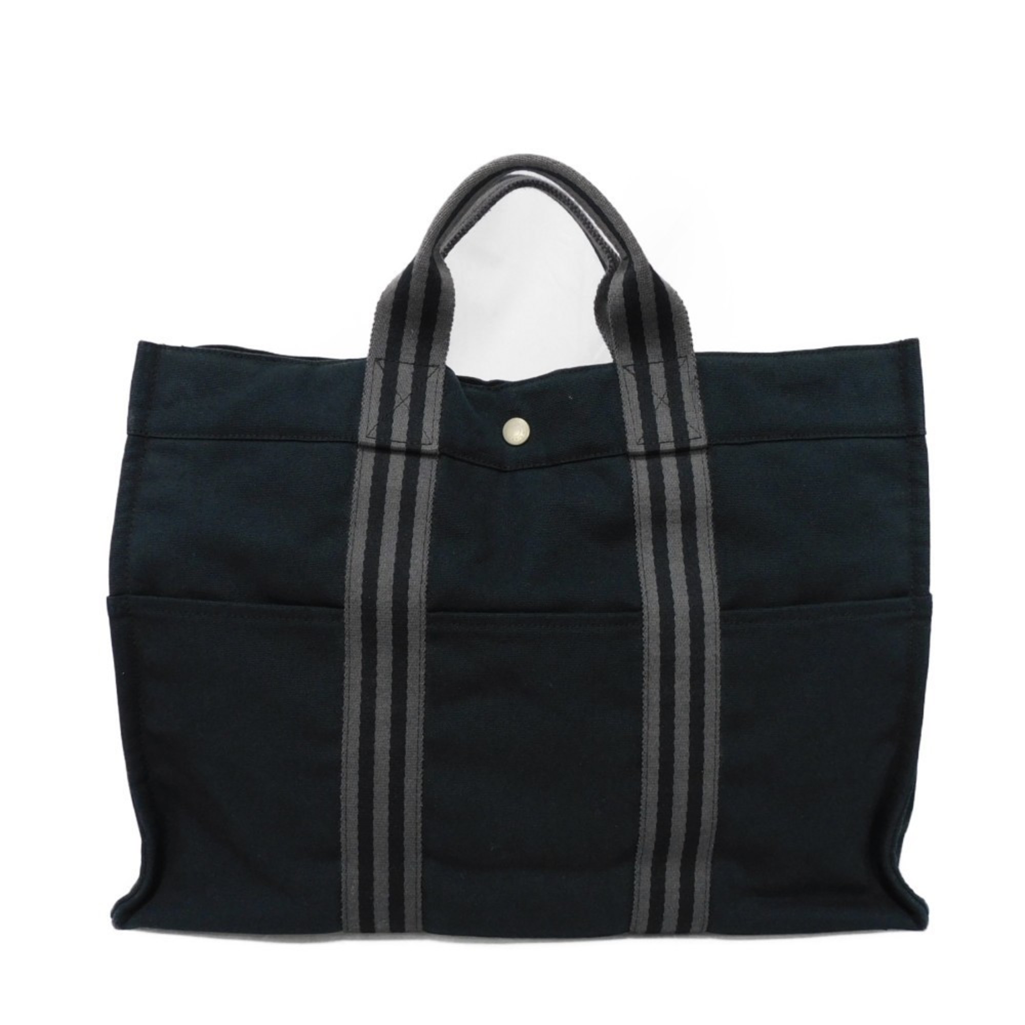 Hermes HERMES Tote Bag Foultou MM Black Gray Stripe Bicolor Handbag Serie Button Cotton Men's Women's