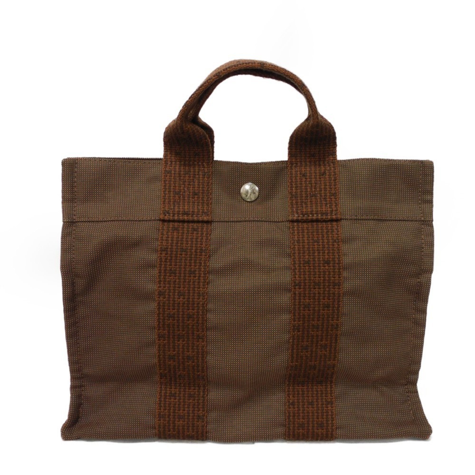 Hermes HERMES Tote Bag Air Line PM Nylon Canvas Handbag W Serie Button Brown Men's Women's