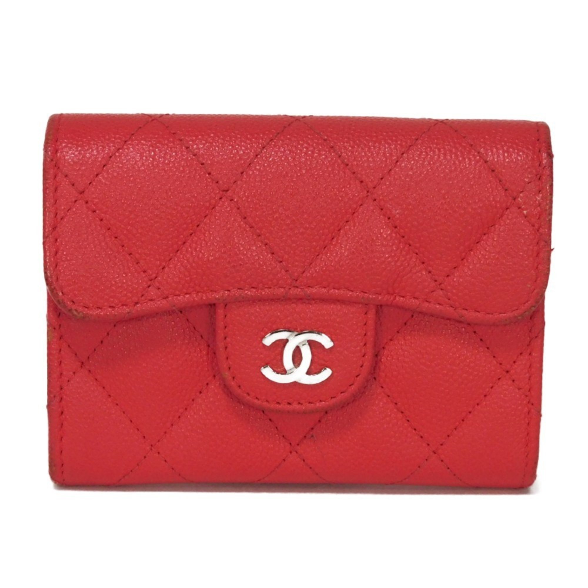 CHANEL Bi-fold Wallet Matelasse Compact Caviar Skin Coin Case Card Coco Mark Fuchsia A31504 Women's Billfold