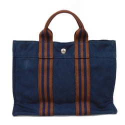 Hermes HERMES Tote Bag Foultou PM Navy Brown Stripe Bicolor Handbag Cotton Men's Women's