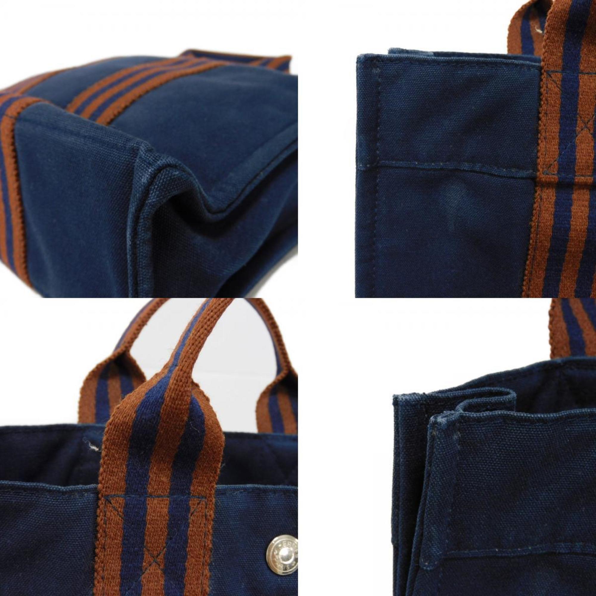 Hermes HERMES Tote Bag Foultou PM Navy Brown Stripe Bicolor Handbag Cotton Men's Women's