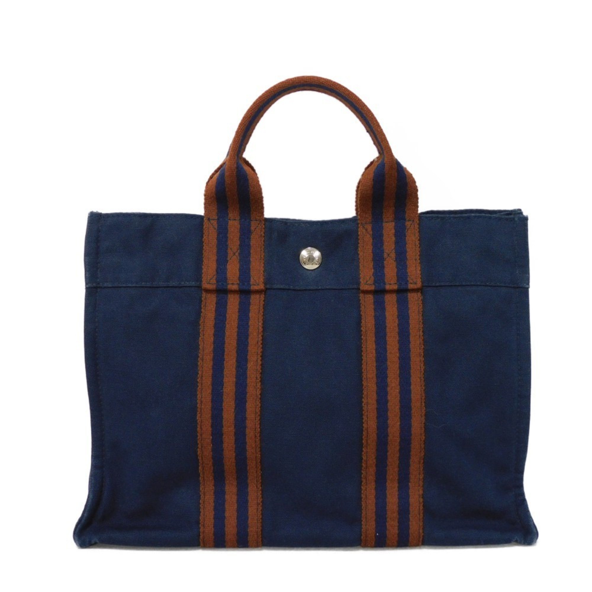 Hermes HERMES Tote Bag Foultou PM Navy Brown Stripe Bicolor Handbag Cotton Men's Women's