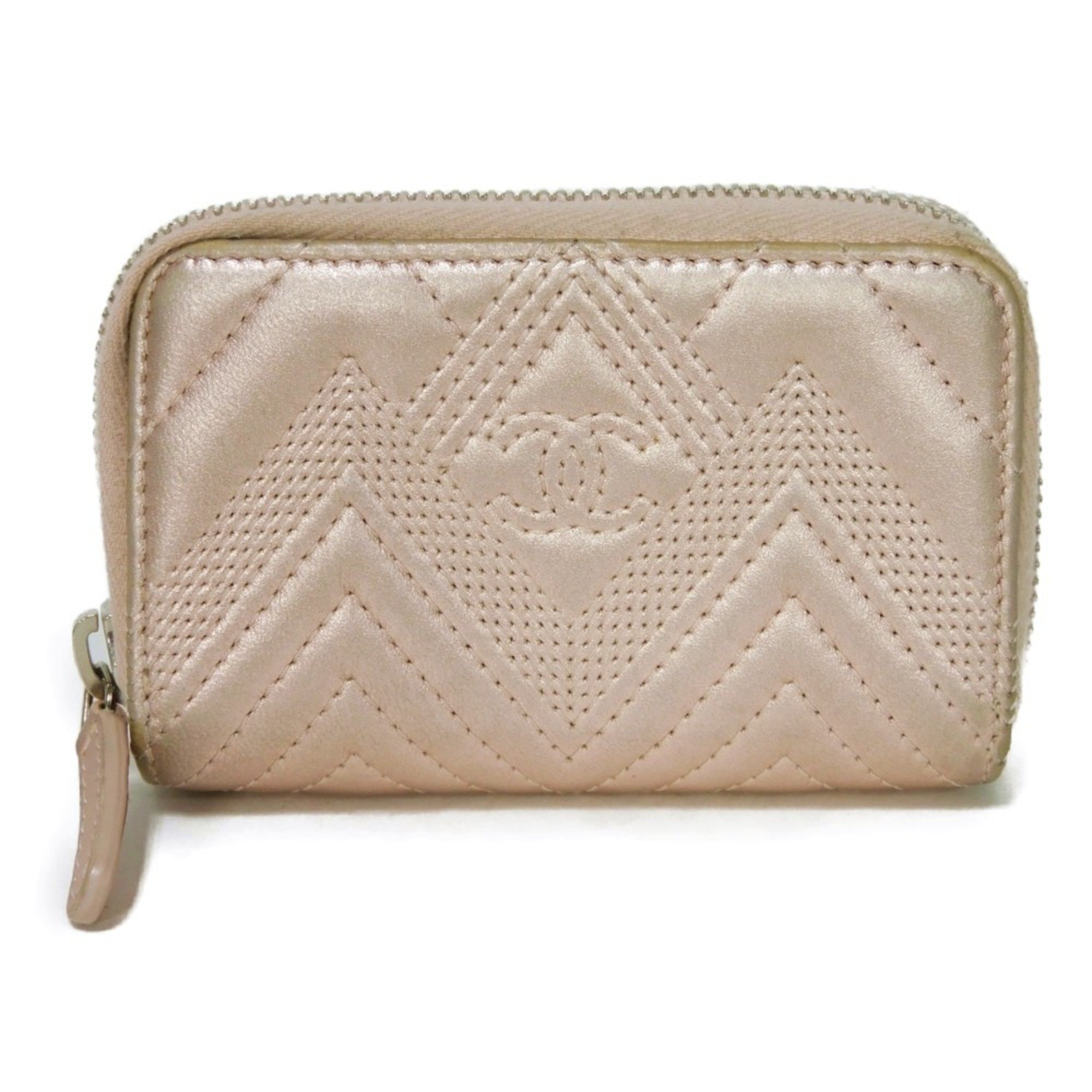 CHANEL Coin Case Chevron Zip Purse CC Mark Embossed V Stitch 2 Coco Metallic Light Pink A82535 Women's