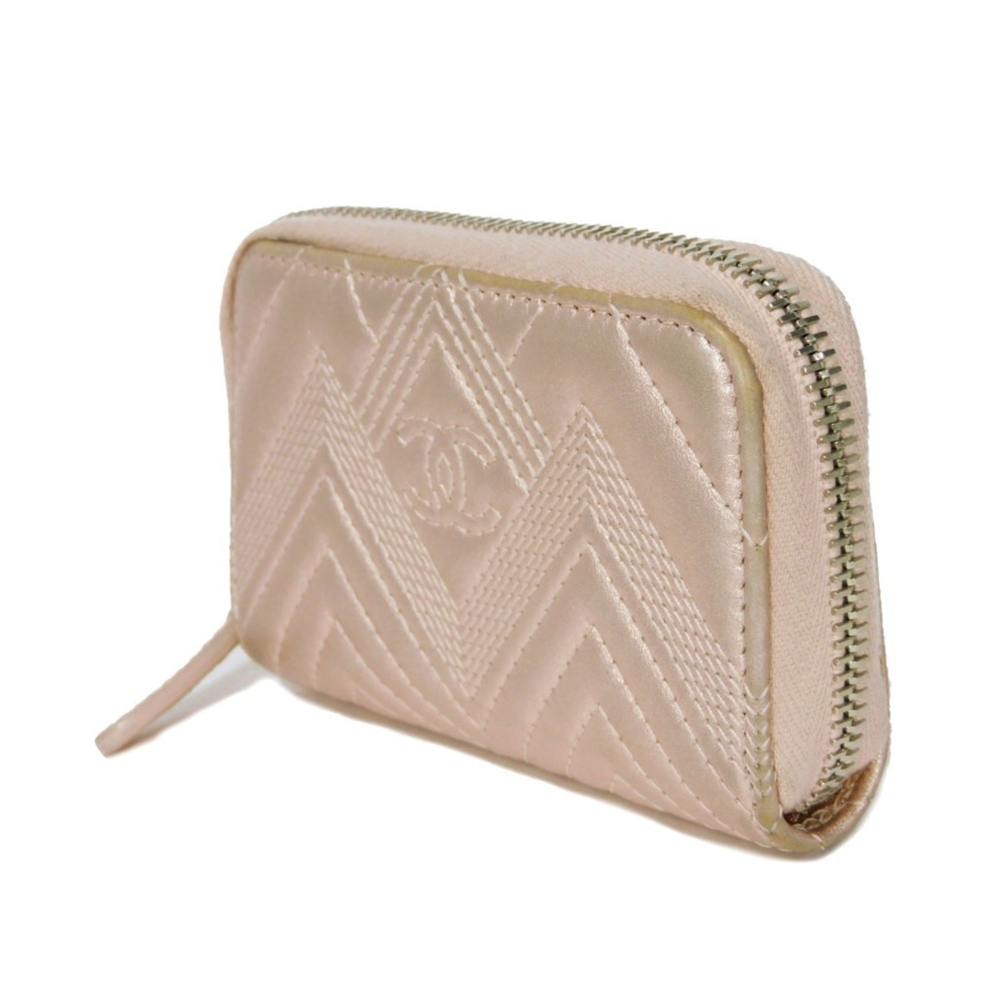 CHANEL Coin Case Chevron Zip Purse CC Mark Embossed V Stitch 2 Coco Metallic Light Pink A82535 Women's