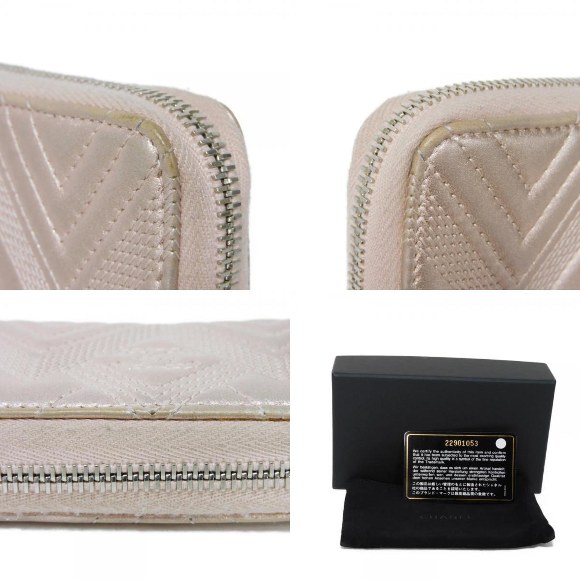 CHANEL Coin Case Chevron Zip Purse CC Mark Embossed V Stitch 2 Coco Metallic Light Pink A82535 Women's