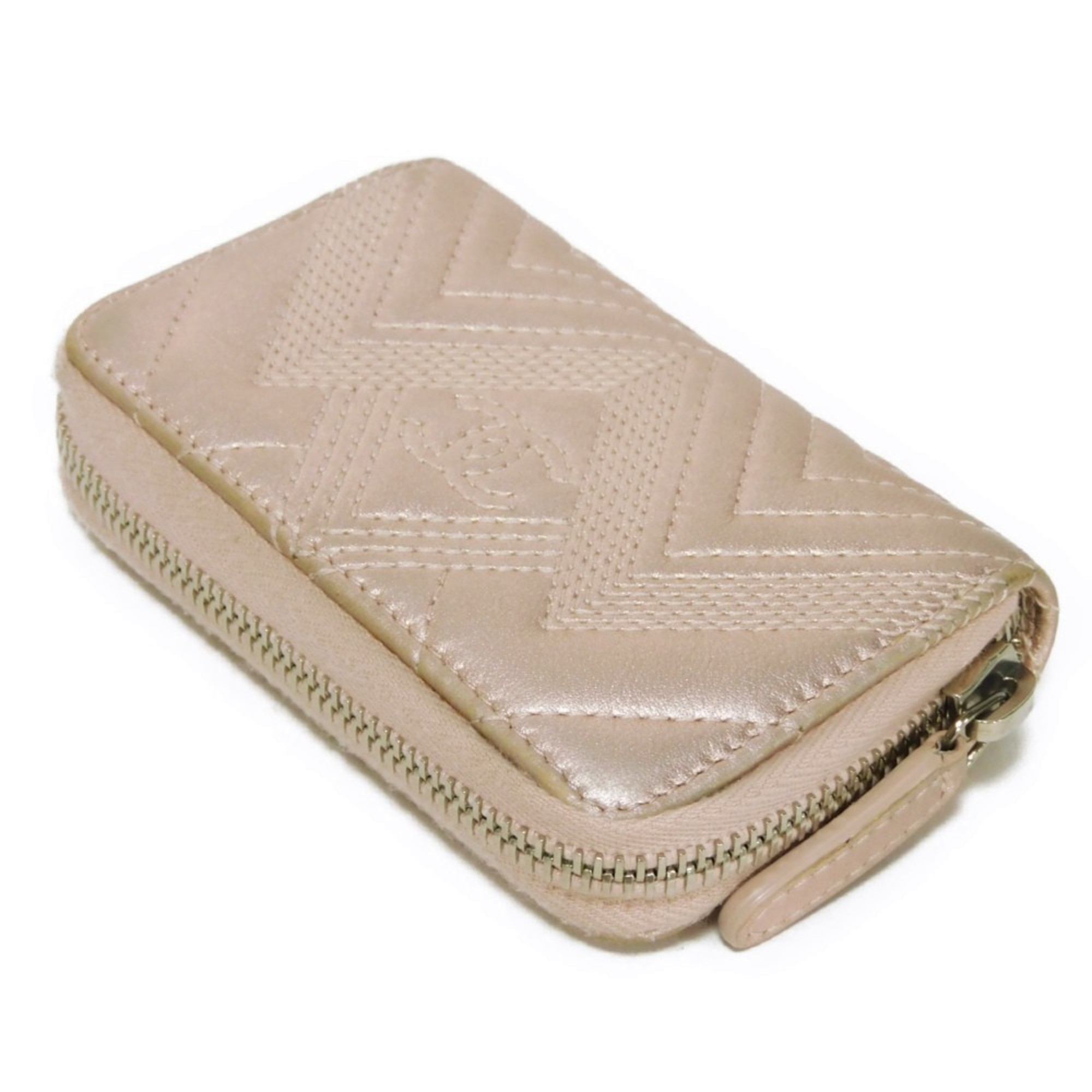 CHANEL Coin Case Chevron Zip Purse CC Mark Embossed V Stitch 2 Coco Metallic Light Pink A82535 Women's