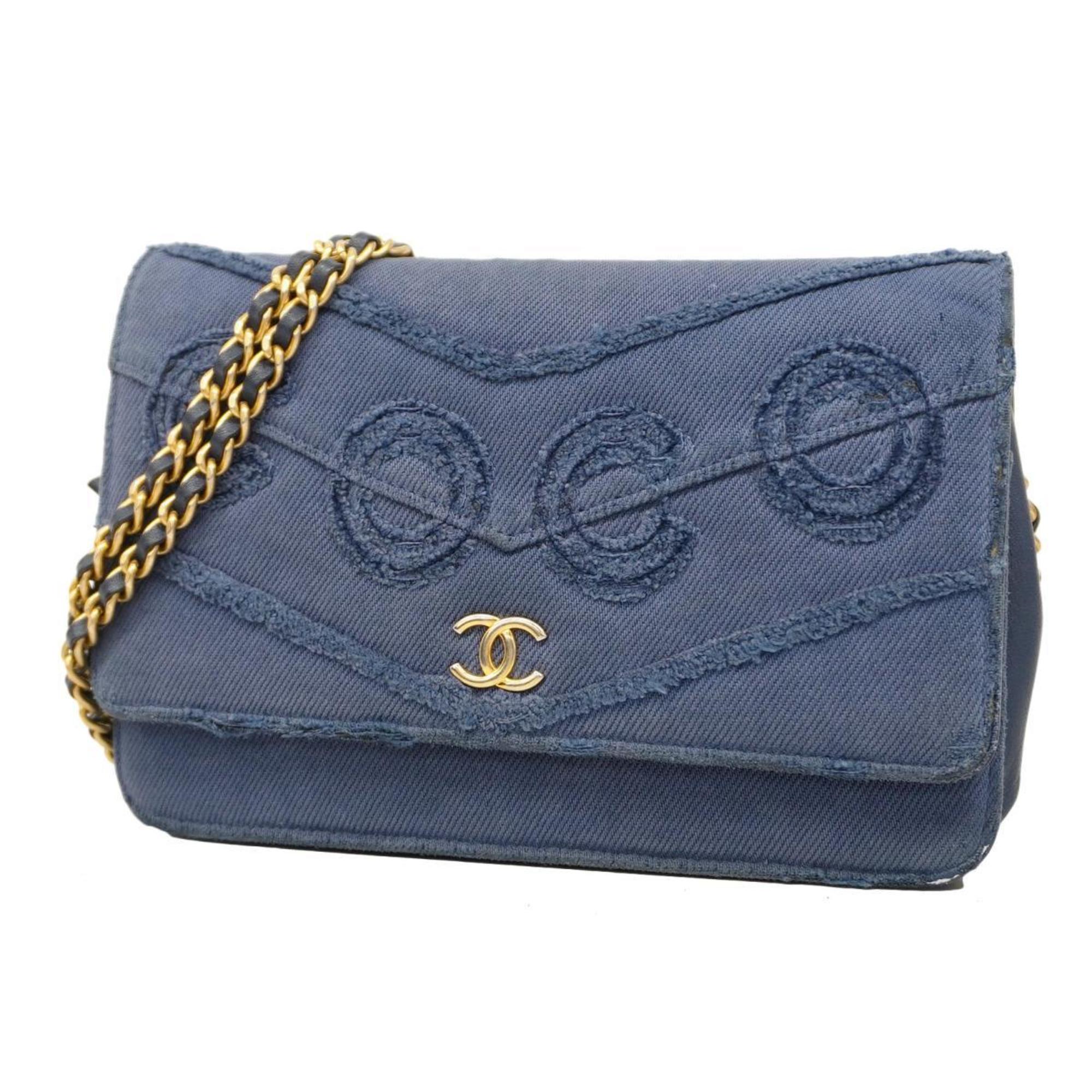 Chanel Shoulder Wallet COCO Chain Denim Blue Women's