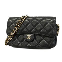 Chanel Shoulder Wallet Matelasse Chain Caviar Skin Black Champagne Women's