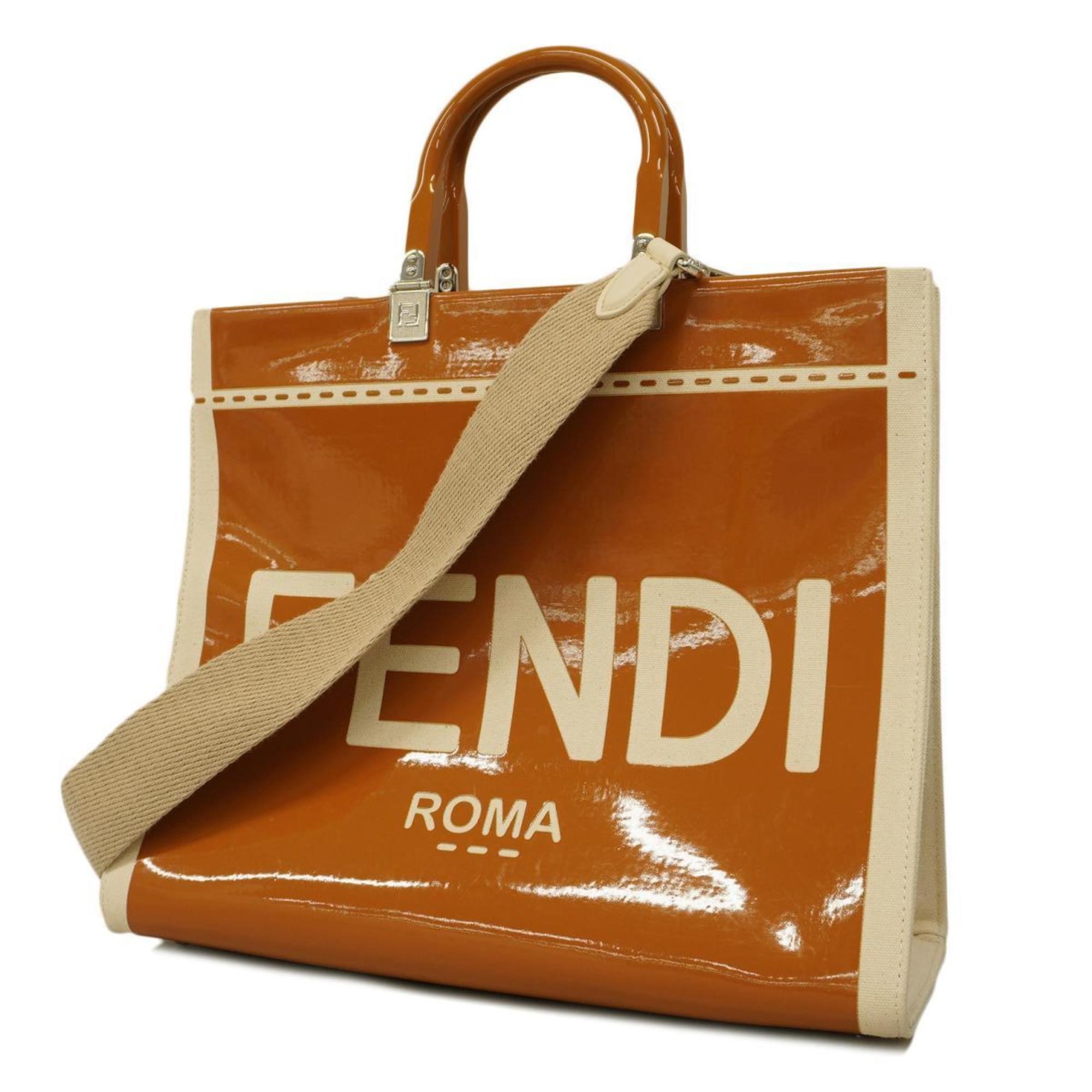 Fendi Tote Bag Sunshine Medium Enamel White Light Brown Women's