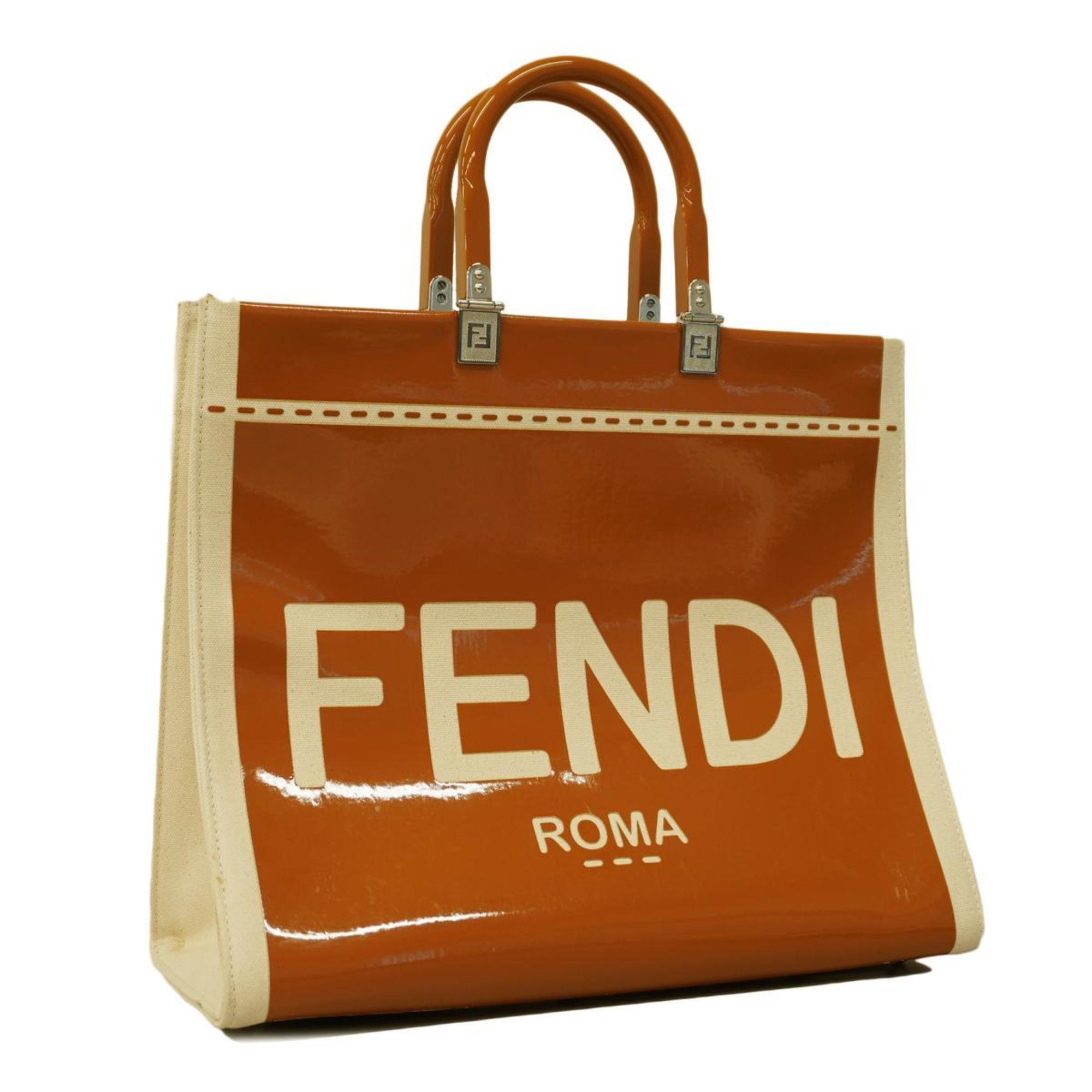 Fendi Tote Bag Sunshine Medium Enamel White Light Brown Women's