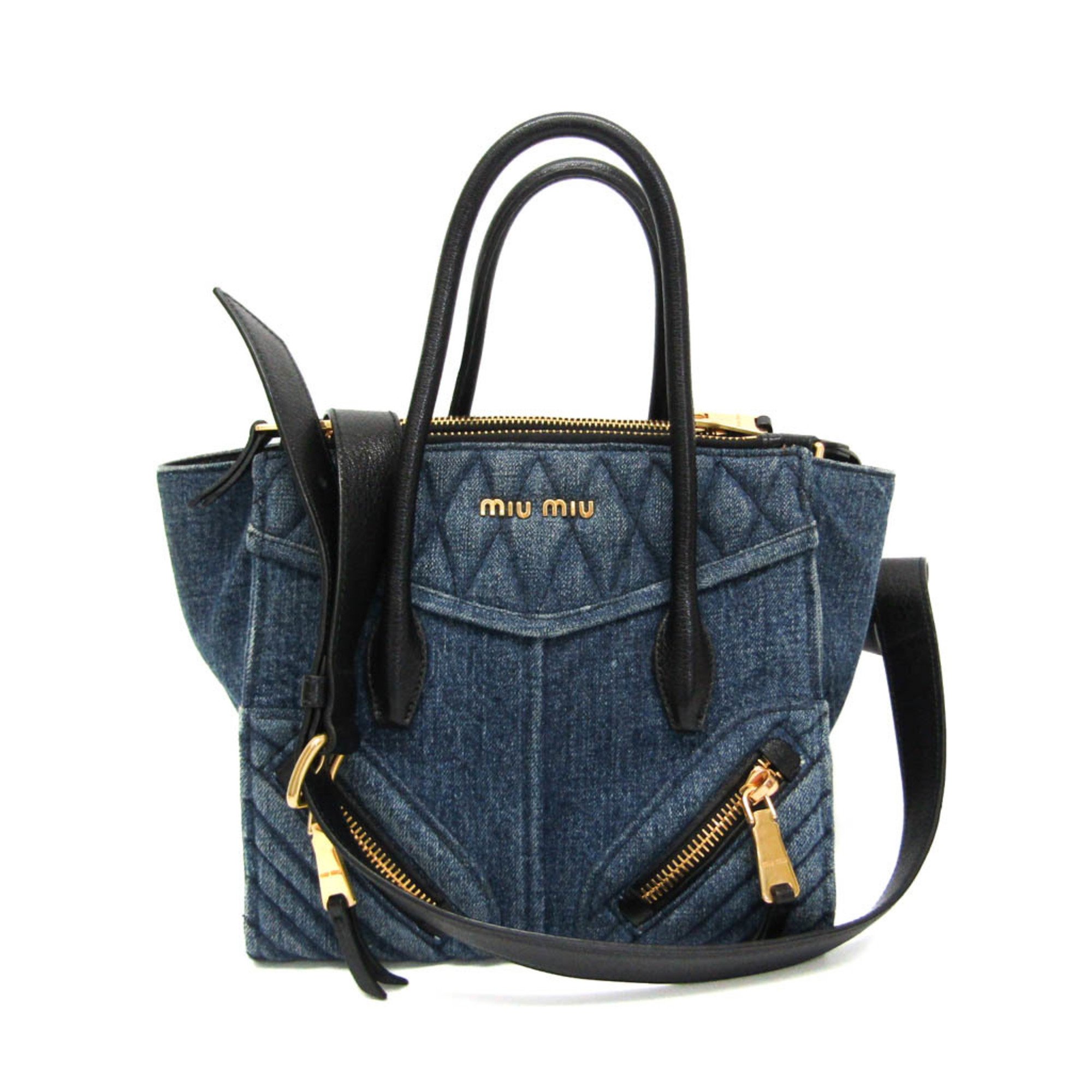 Miu Miu RN1032 BIKER Women's Denim,Leather Handbag,Shoulder Bag Blue