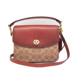 Coach Signature Cathy 19 89089 Women's Leather,Coated Canvas Handbag,Shoulder Bag Beige,Brown