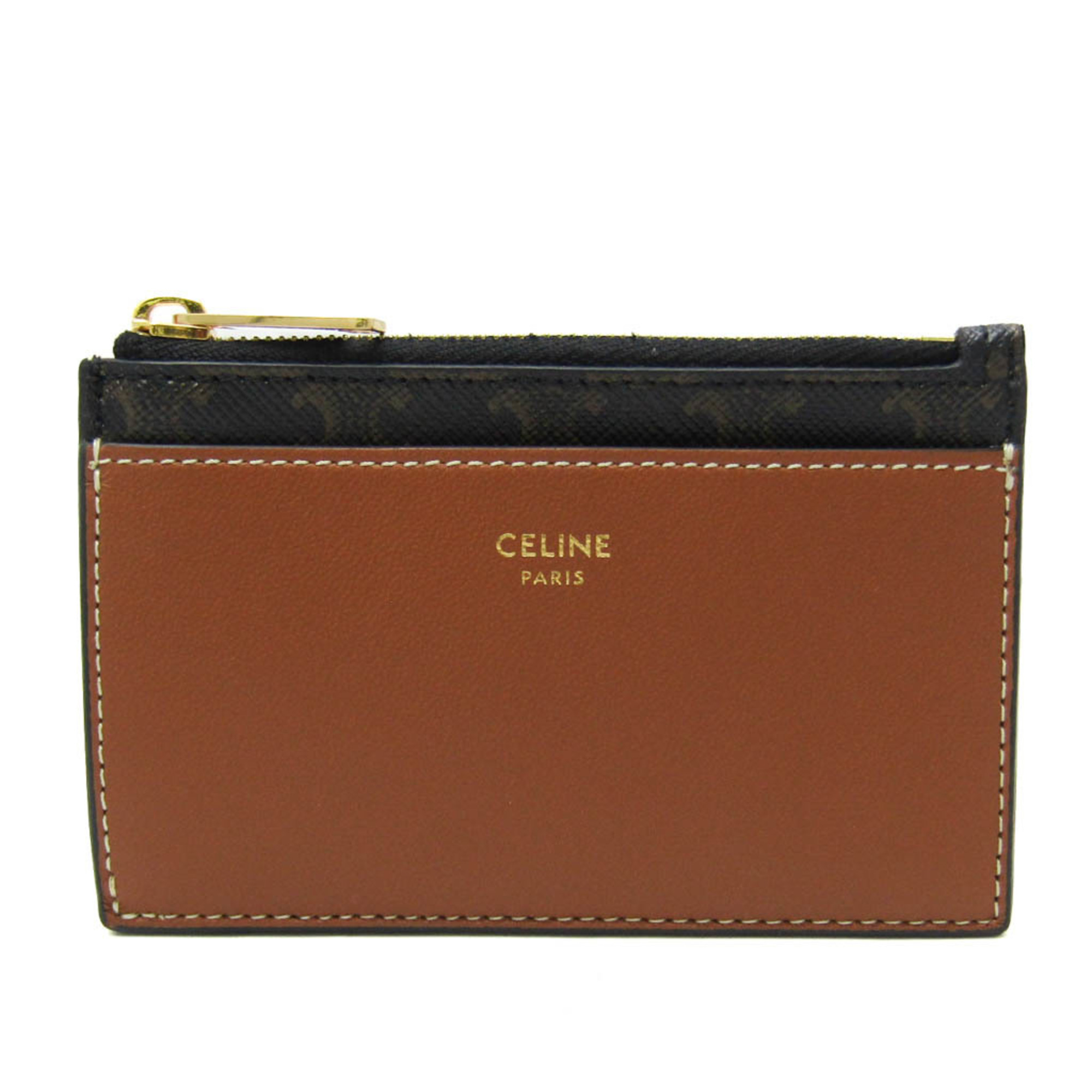 Celine Triomphe Zipped Card Holder 10F992BZ9.04LU Leather PVC Card Case Brown