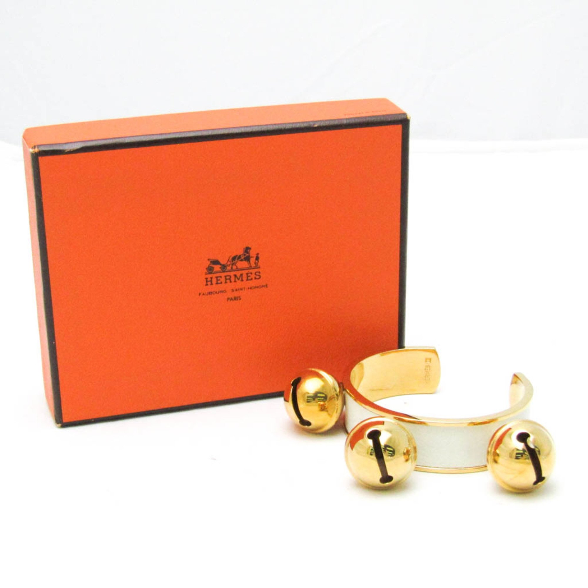 Hermes Bell Leather,Metal No Stone Bangle Gold,White