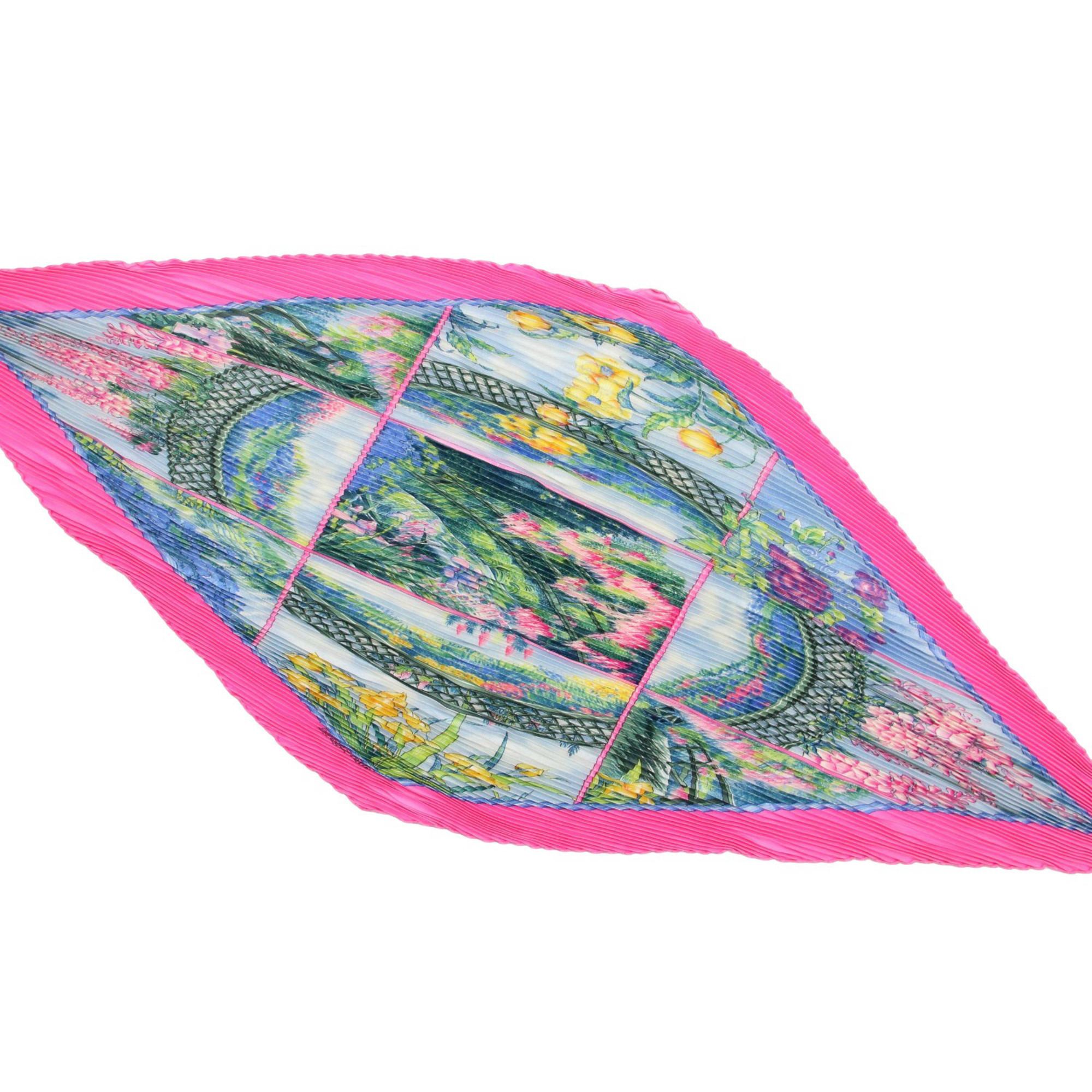 HERMES Scarf Carre Giverny Pink Blue Pleated Silk Women's