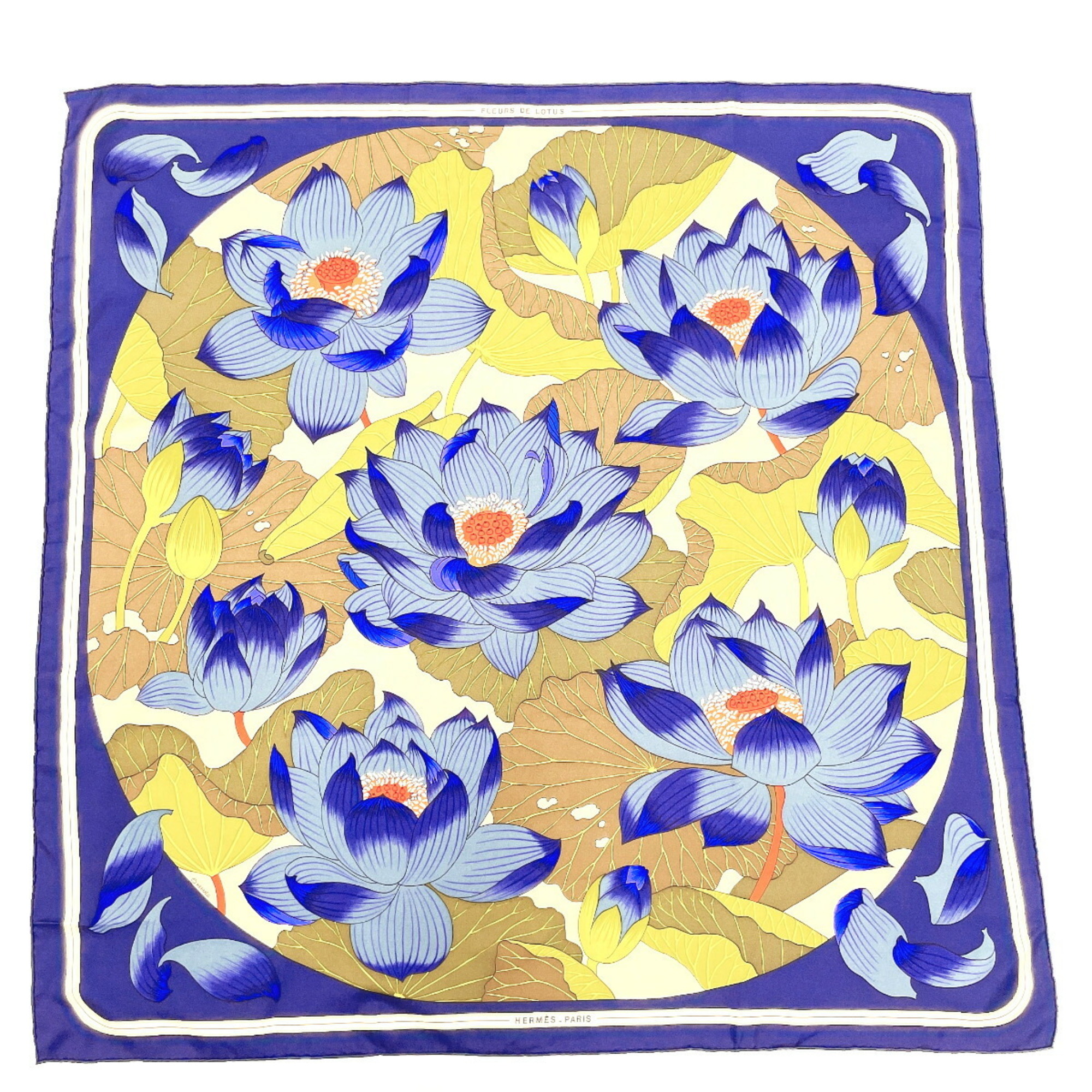 HERMES Hermes Carre 90 Lotus Flower Scarf Muffler Silk Navy Women's