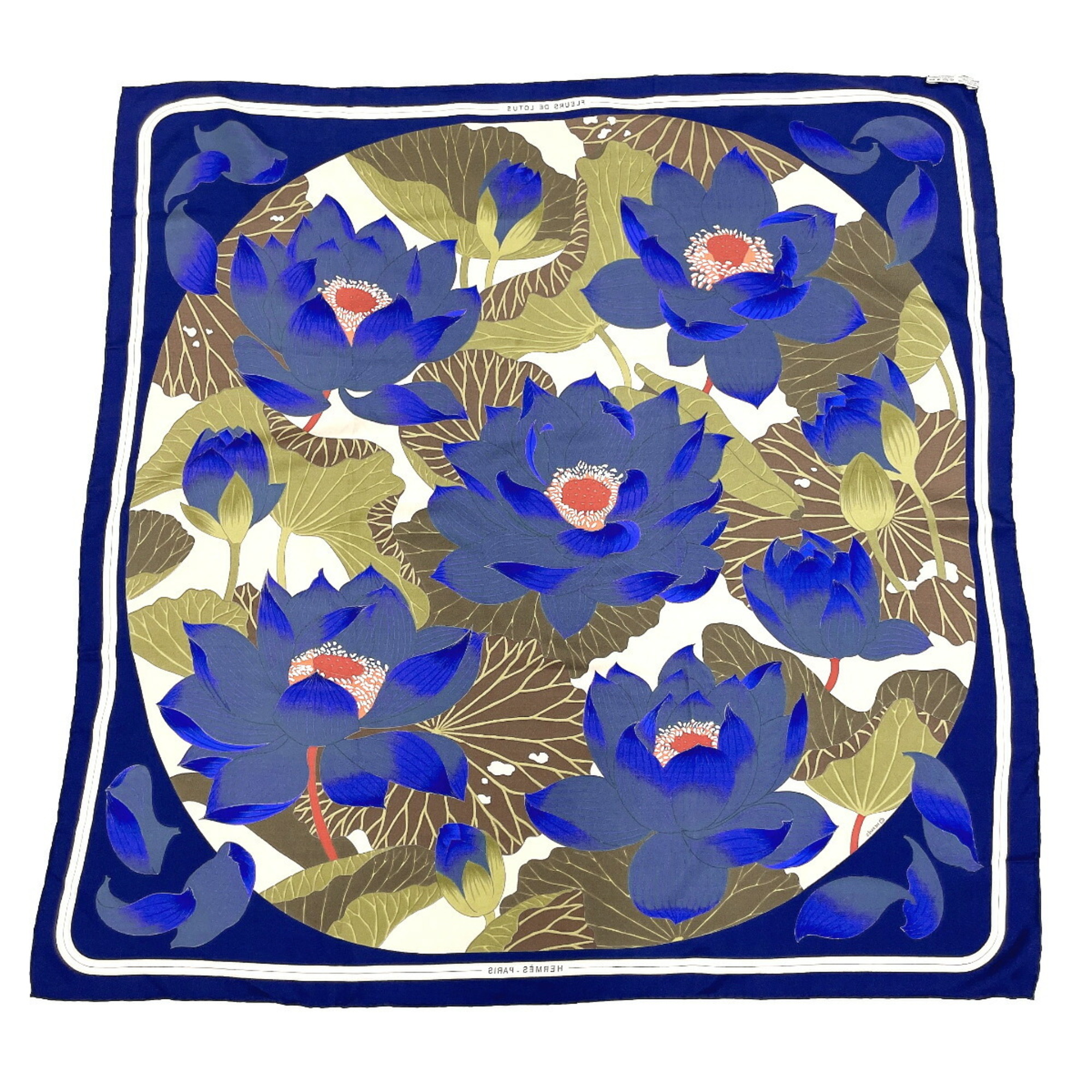 HERMES Hermes Carre 90 Lotus Flower Scarf Muffler Silk Navy Women's