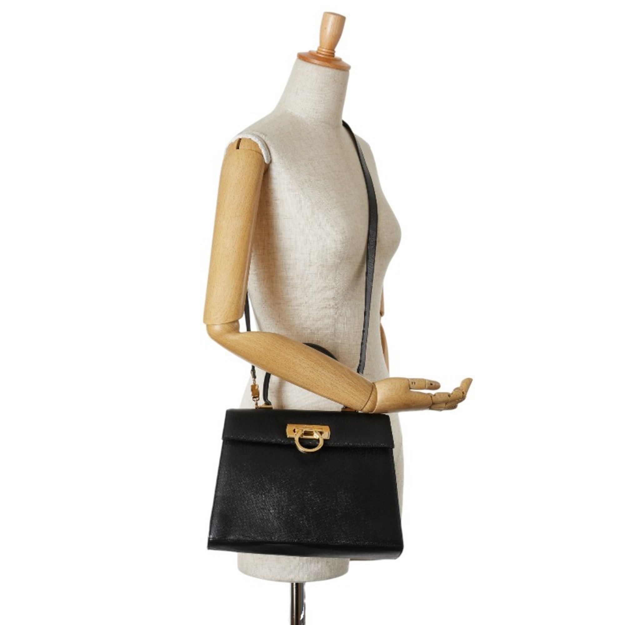 Salvatore Ferragamo Gancini Handbag Shoulder Bag Black Leather Women's