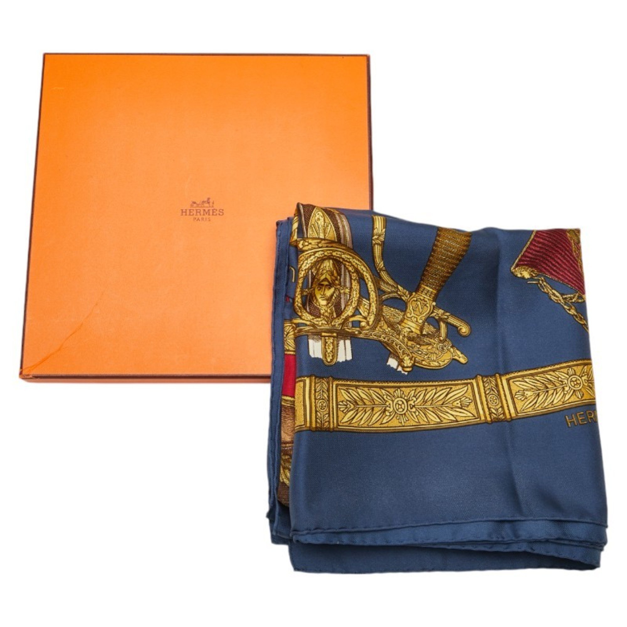 Hermes Carre 90 GRAND UNIFORME Grand Uniform Scarf Muffler Navy Gold Multicolor Silk Women's HERMES