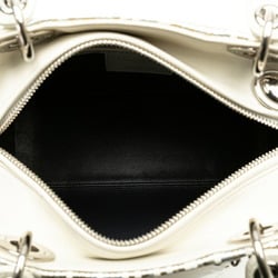 Christian Dior Dior Lady Medium Handbag Shoulder Bag Silver White Gold Patent Leather Women's