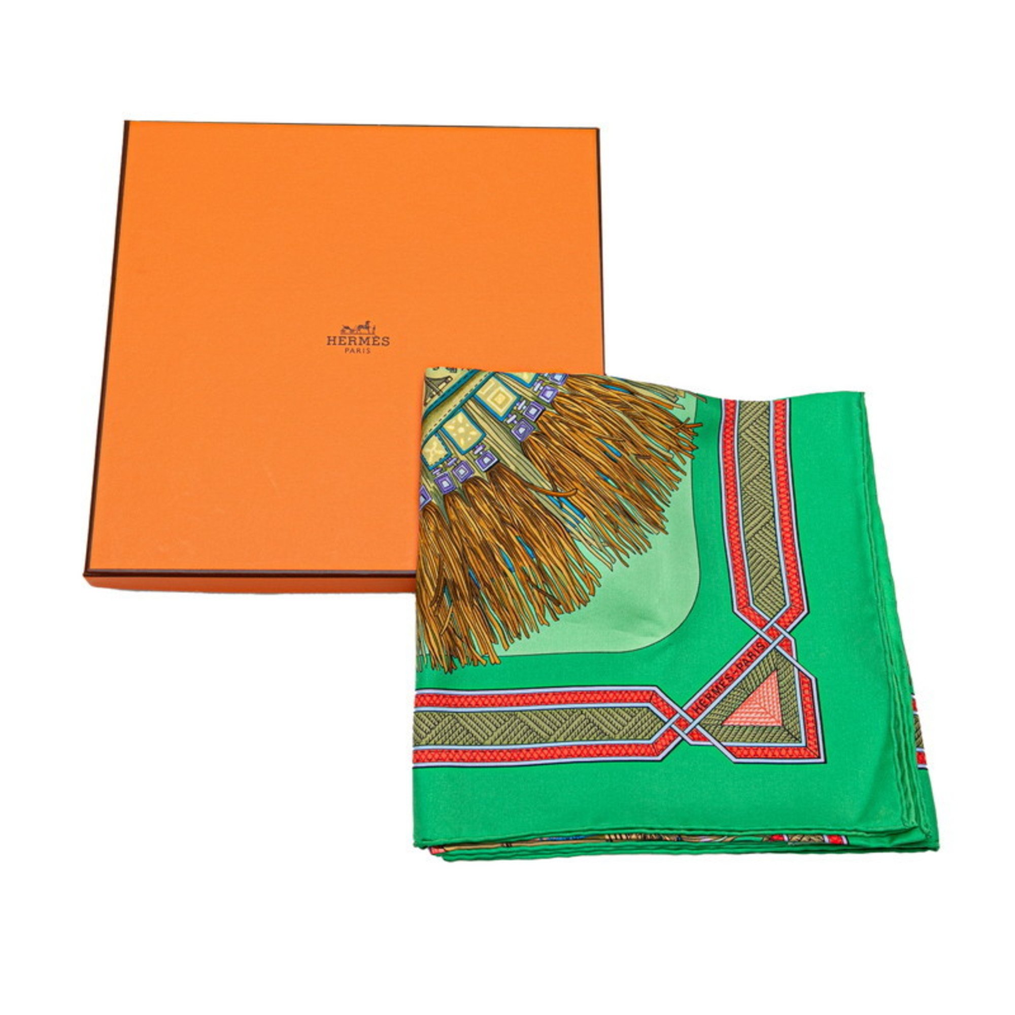 Hermes Carre 90 CUIRS DU DESERT Desert leather scarf muffler green pink multicolor silk women's HERMES