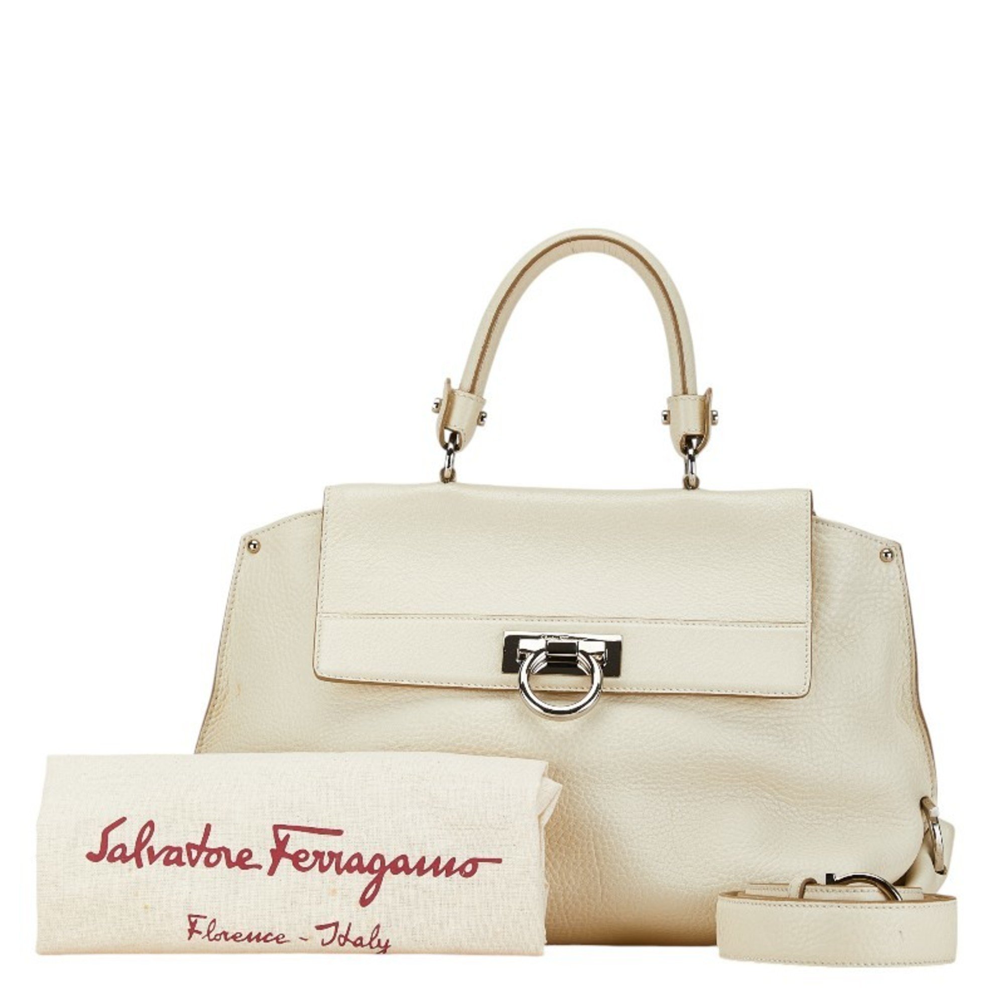 Salvatore Ferragamo Gancini Handbag Shoulder Bag White Leather Women's