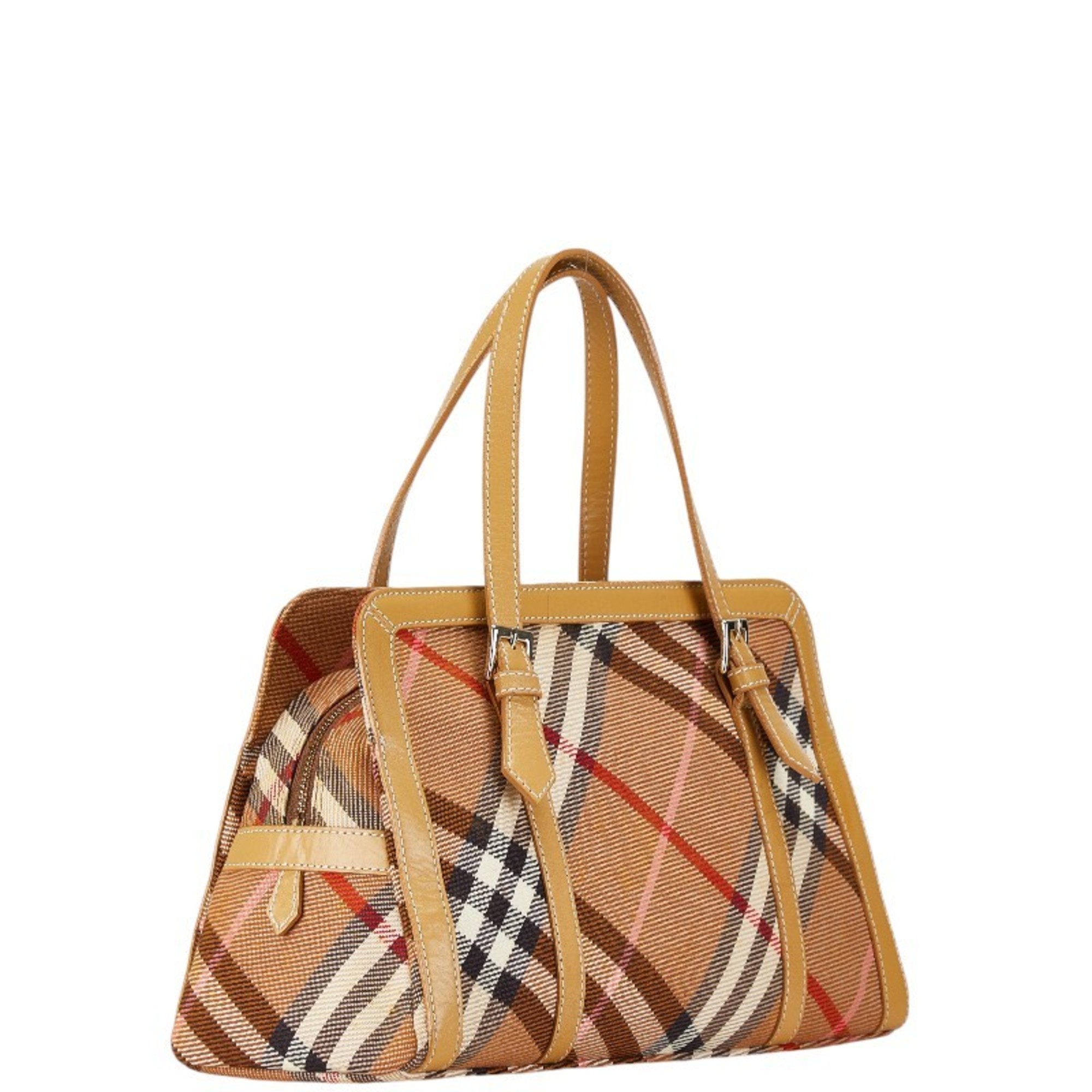 Burberry Check Handbag Tote Bag Beige Canvas Leather Women's BURBERRY