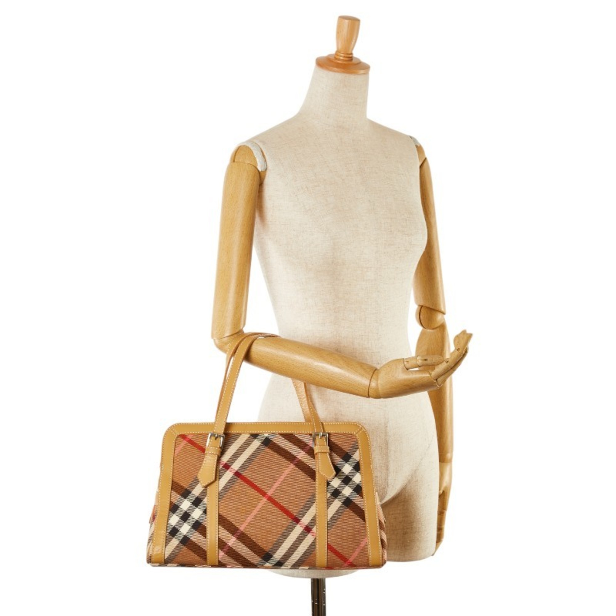 Burberry Check Handbag Tote Bag Beige Canvas Leather Women's BURBERRY