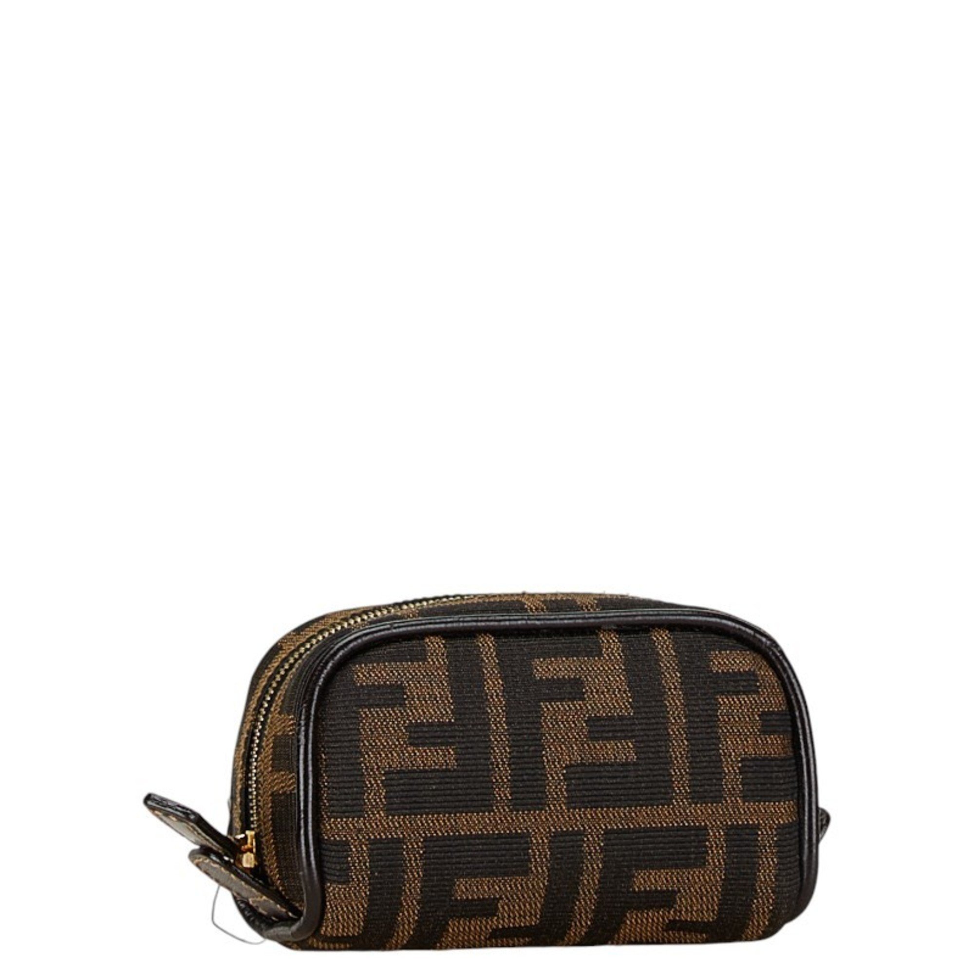 FENDI ZUCCA POUCH 26577 BROWN CANVAS LEATHER WOMEN'S