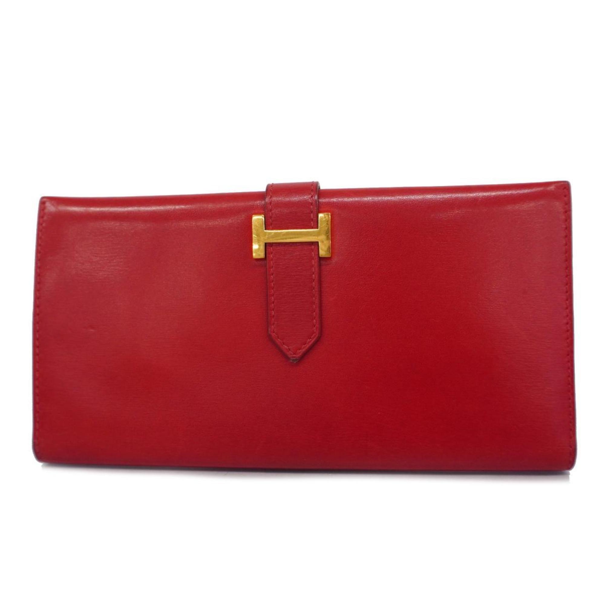 Hermes Long Wallet Bearn A Stamp Box Calf Rouge vif Women's