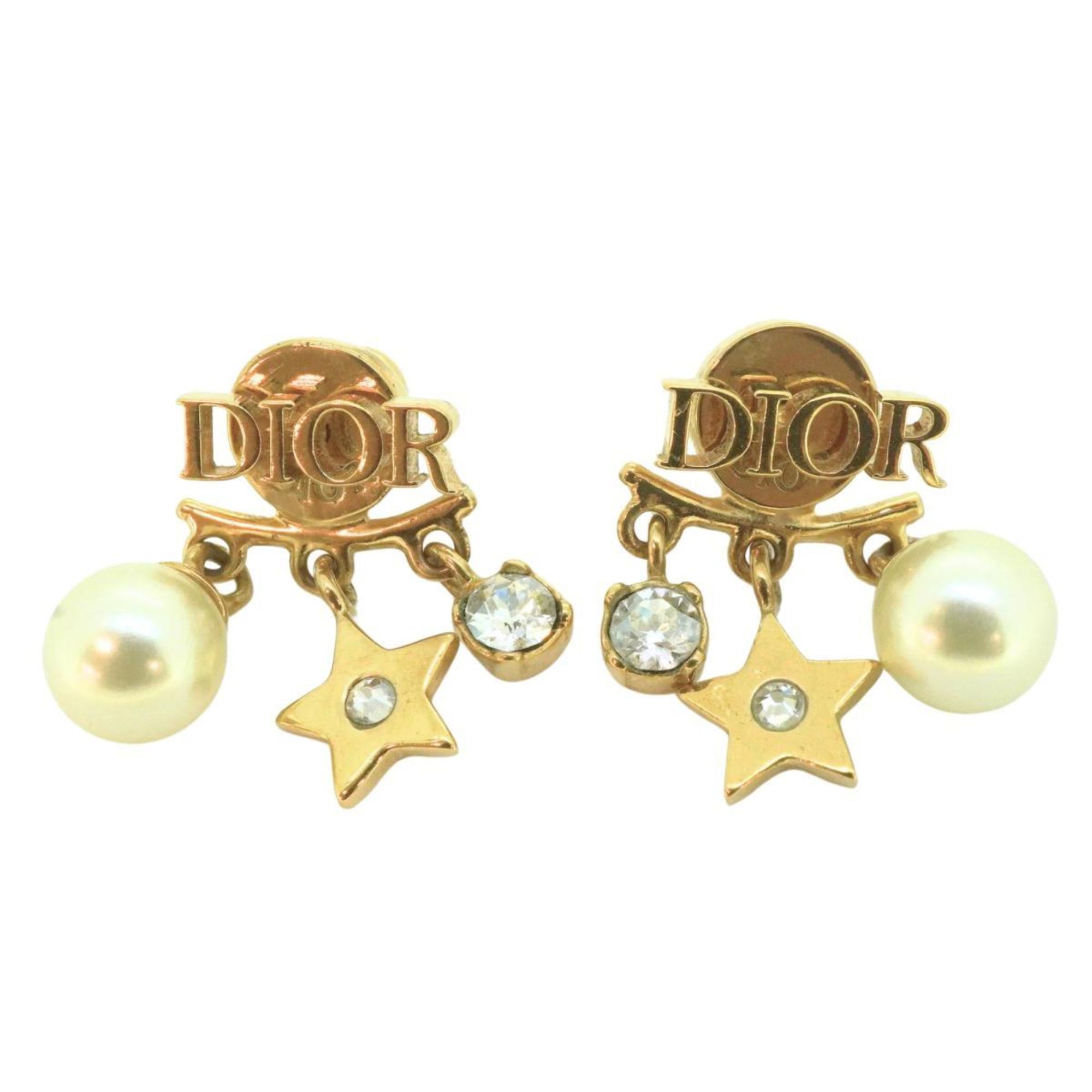 Christian Dior Earrings Star Shape Fake Pearl Rhinestone GP Plated Gold Women's