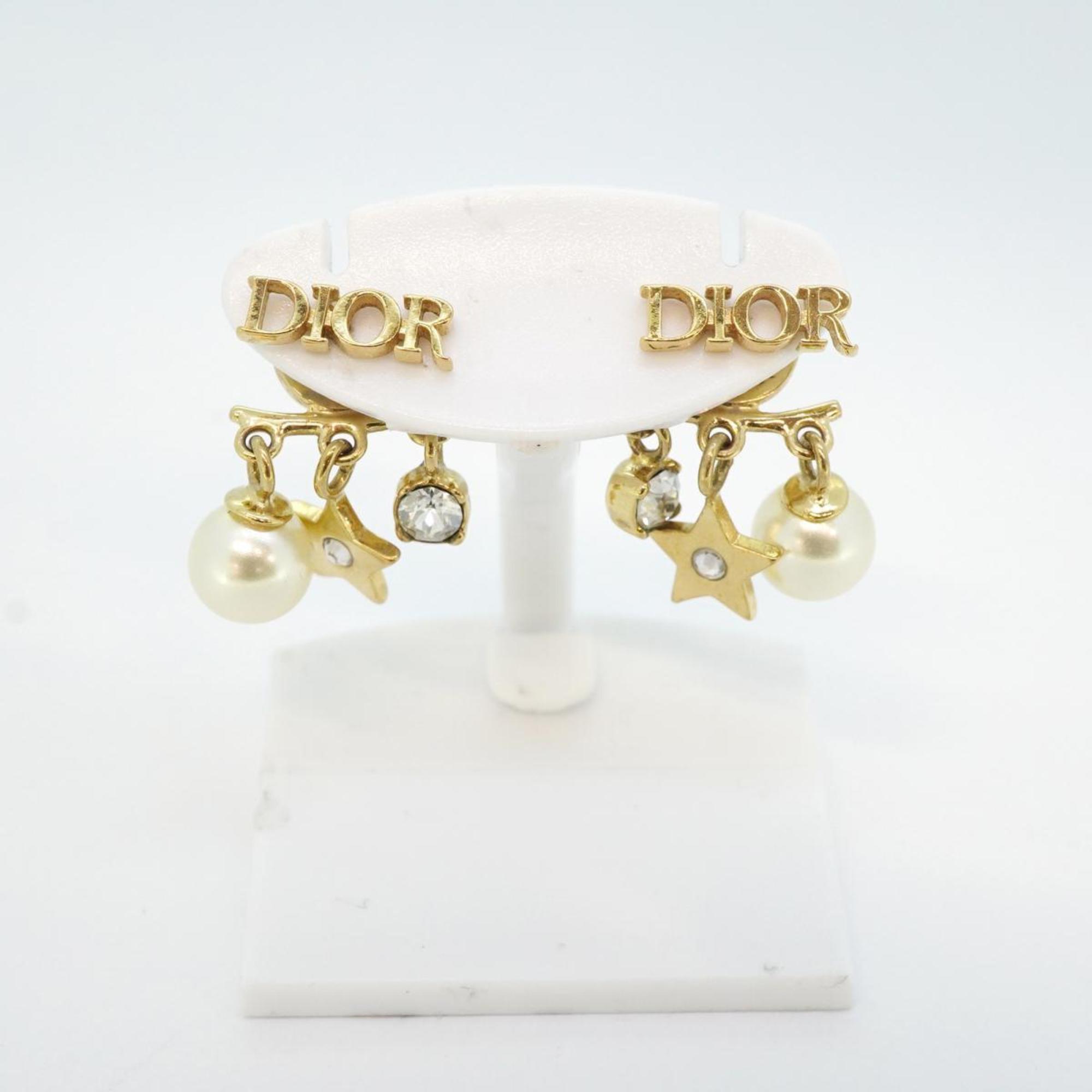 Christian Dior Earrings Star Shape Fake Pearl Rhinestone GP Plated Gold Women's