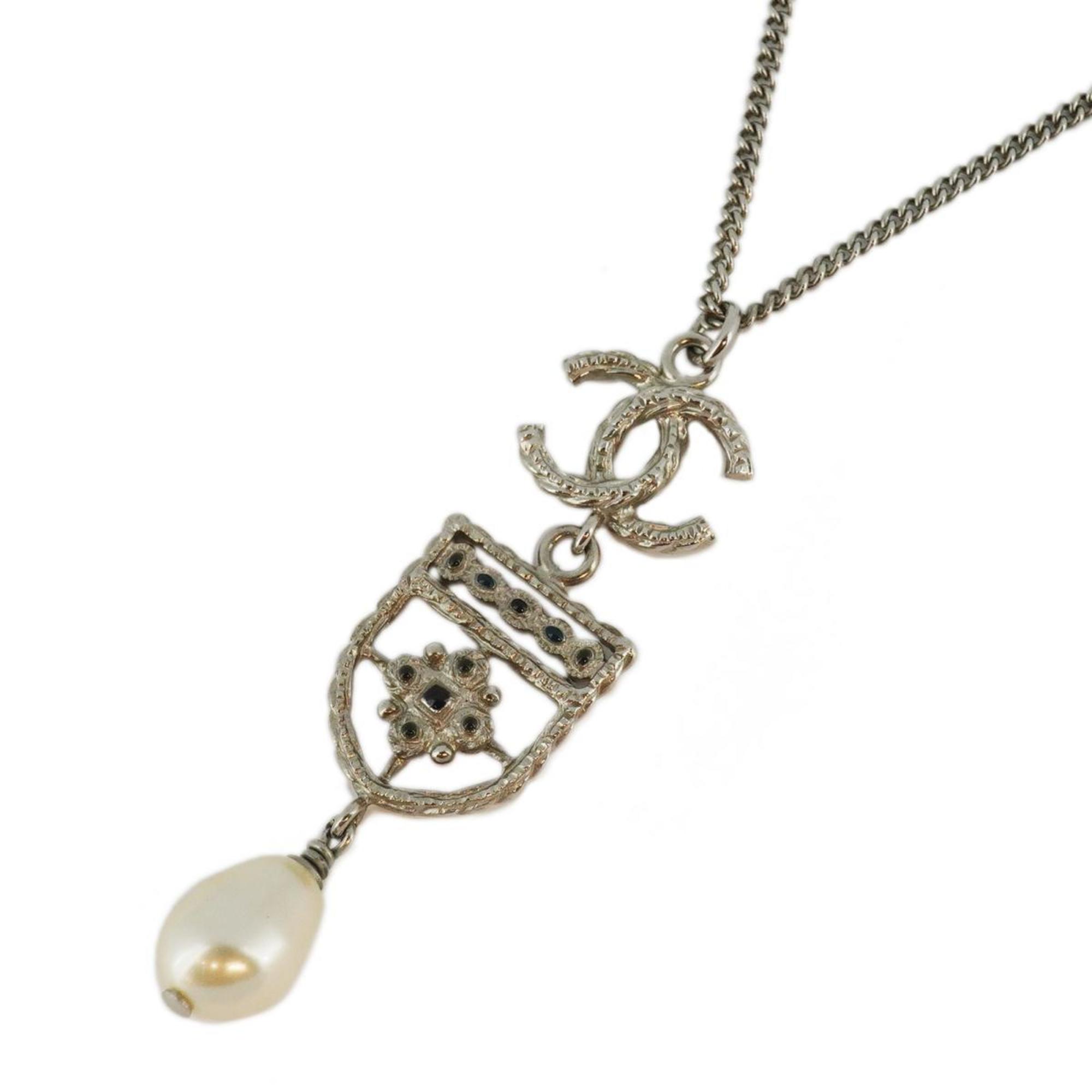 Chanel Necklace Coco Mark Emblem Faux Pearl Metal Silver B15B Women's