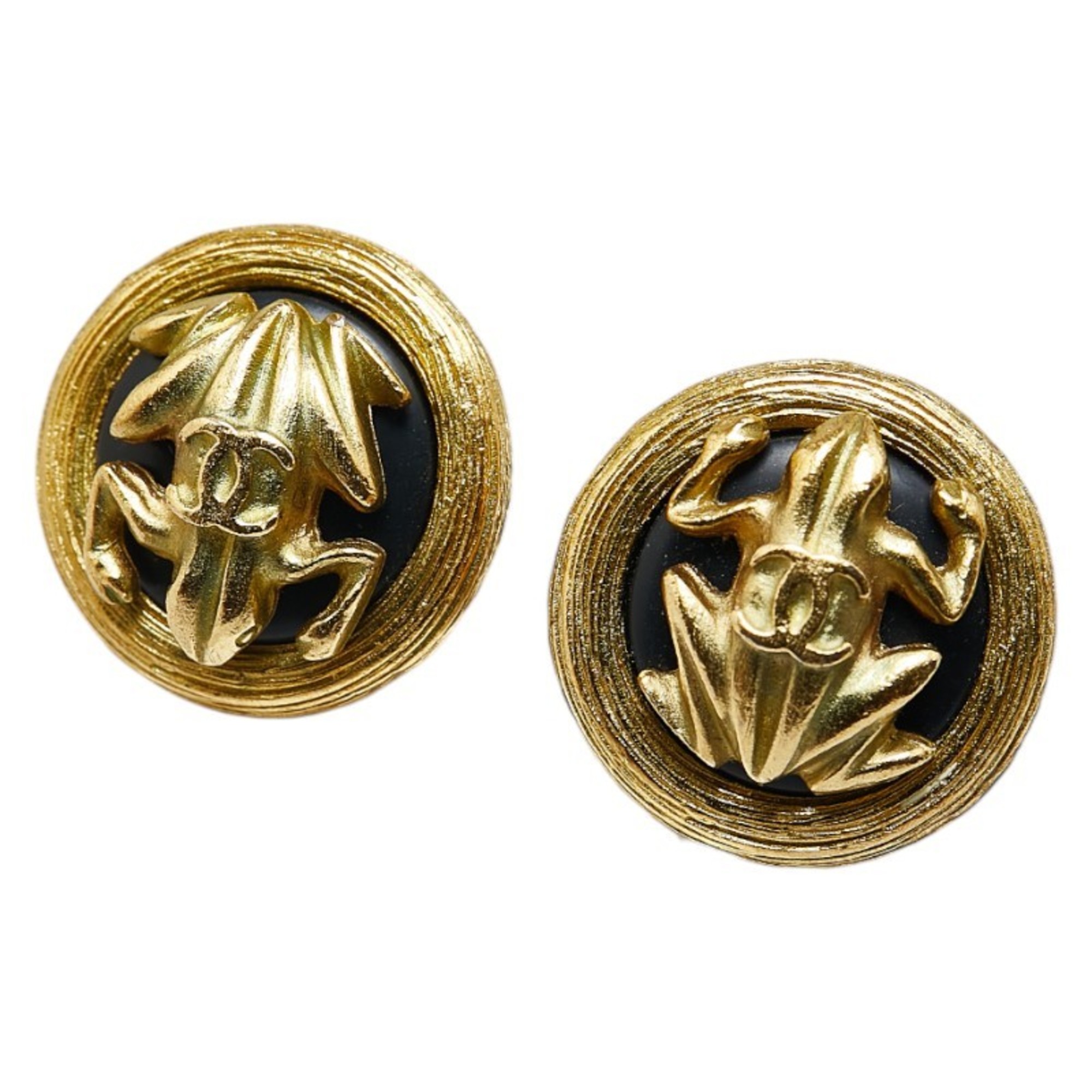 Chanel Coco Mark Frog Motif Earrings Gold Black Plated Women's CHANEL