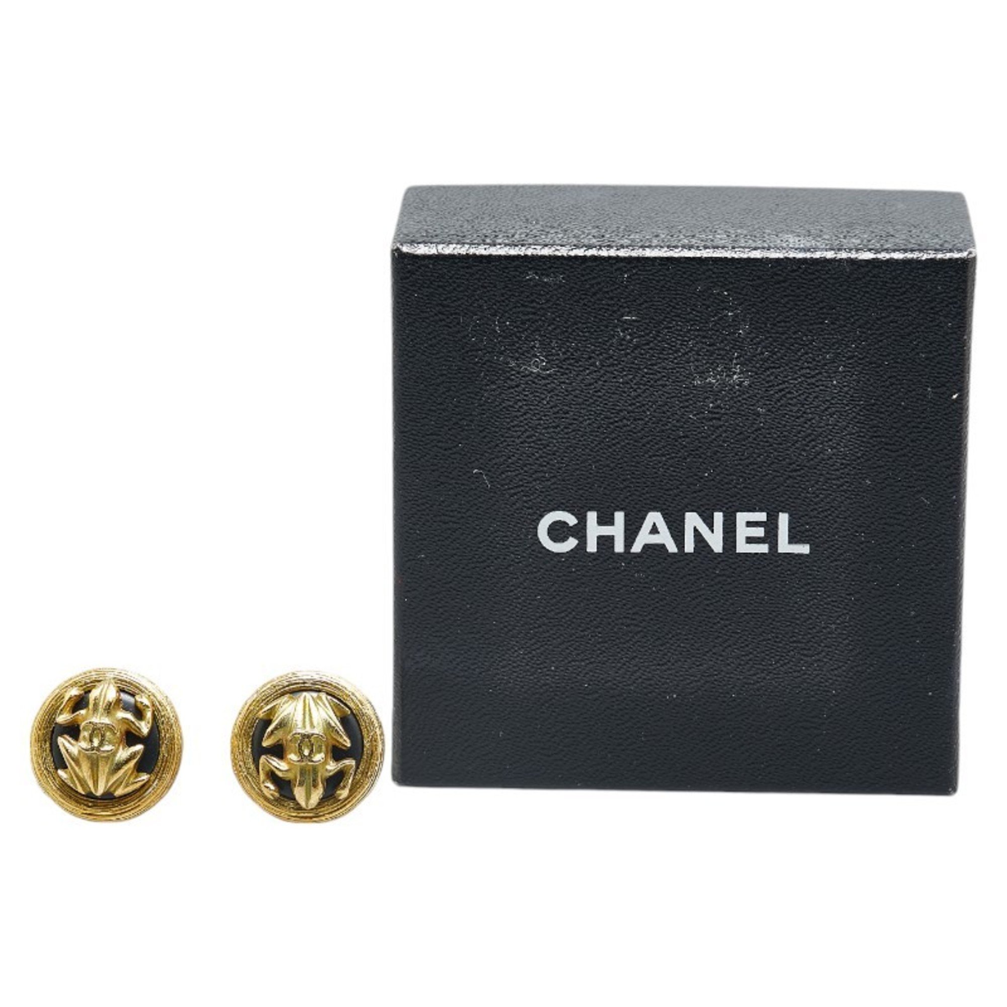 Chanel Coco Mark Frog Motif Earrings Gold Black Plated Women's CHANEL