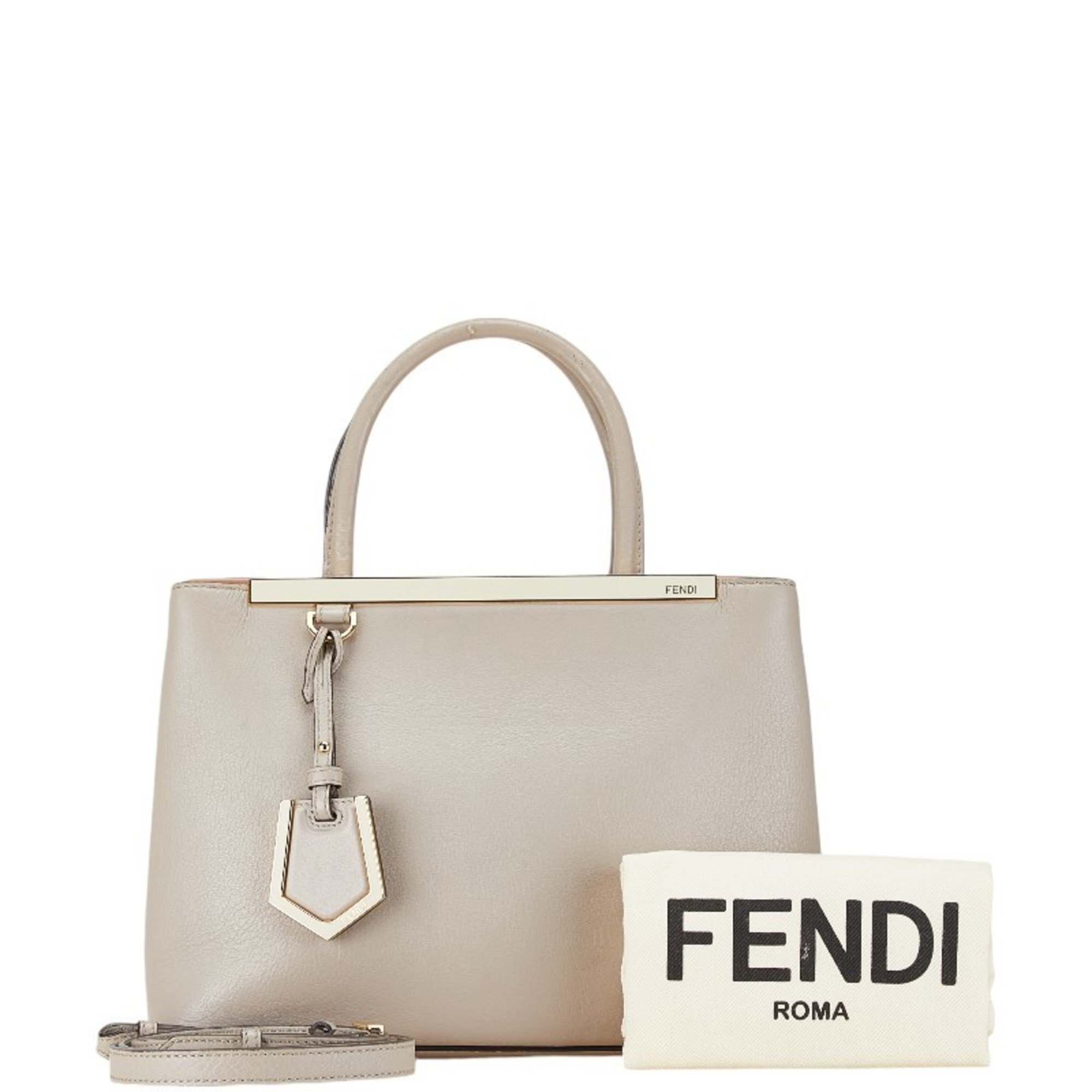 FENDI Twojours Handbag Shoulder Bag Grey Leather Women's