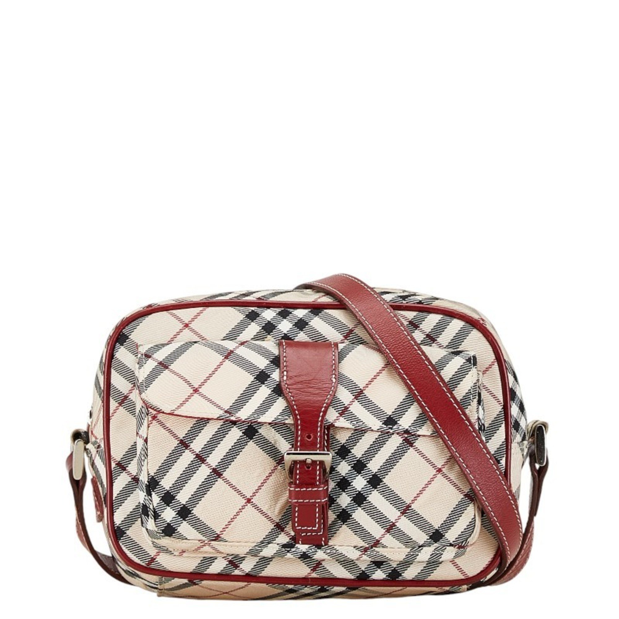 Burberry Nova Check Shoulder Bag Beige Wine Red Canvas Leather Women's BURBERRY