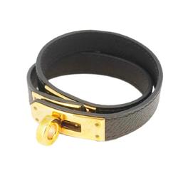 Hermes Bracelet Kelly Double Tour T Stamped GP Plated Leather Gold Black Men's Women's