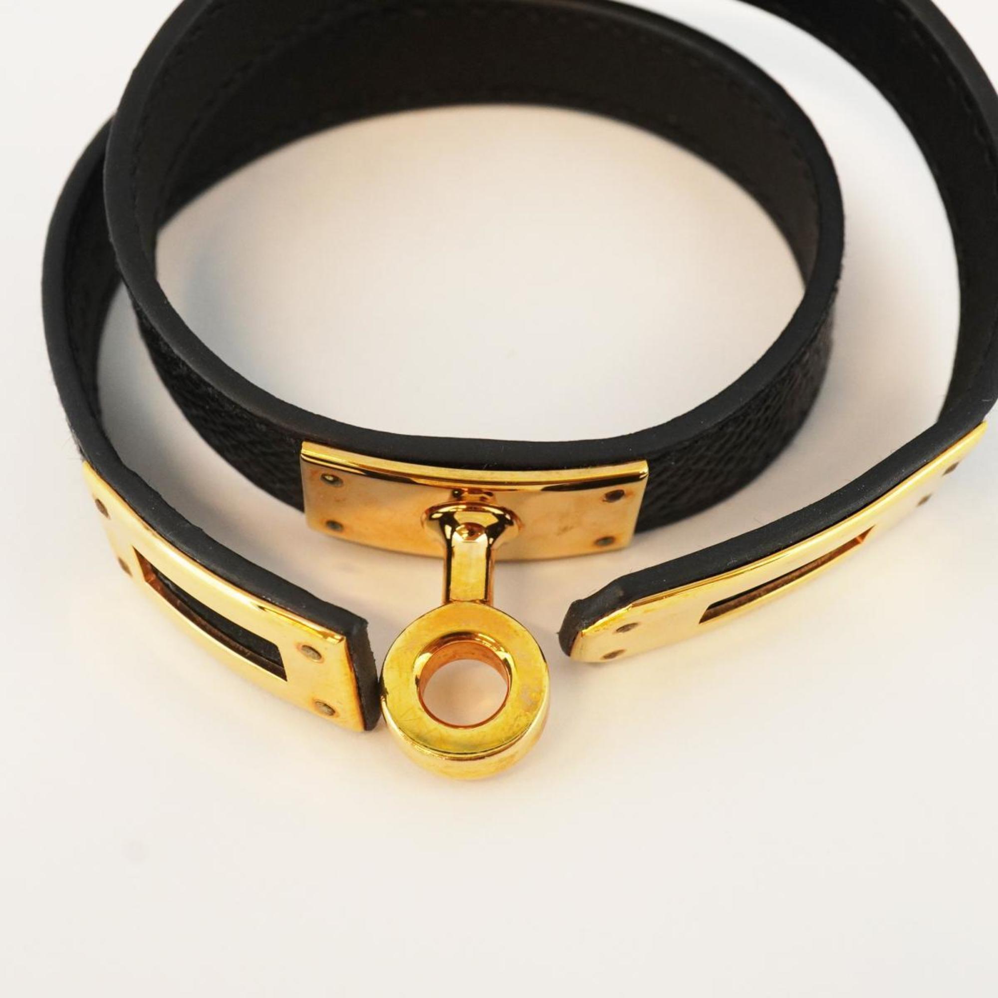 Hermes Bracelet Kelly Double Tour T Stamped GP Plated Leather Gold Black Men's Women's