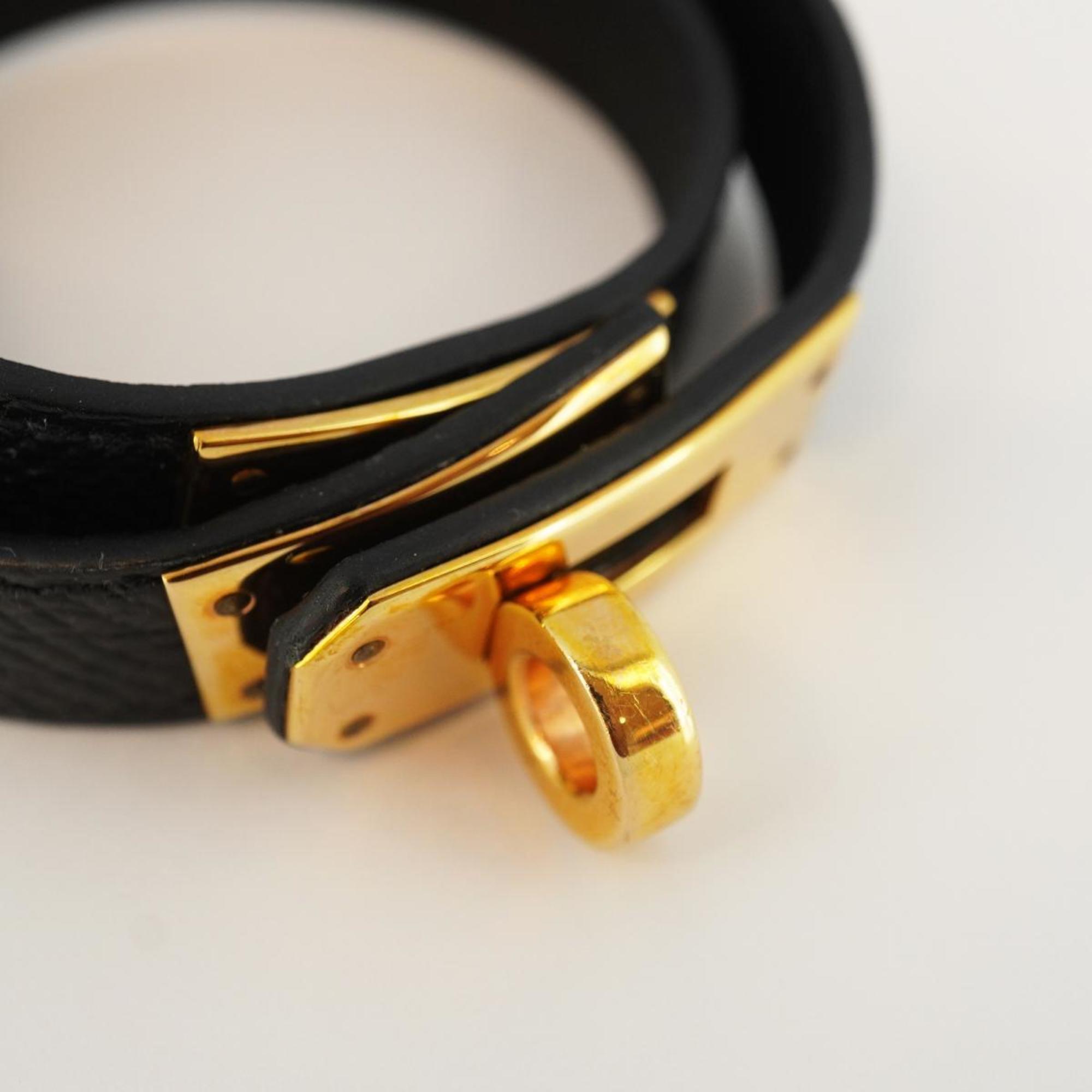 Hermes Bracelet Kelly Double Tour T Stamped GP Plated Leather Gold Black Men's Women's