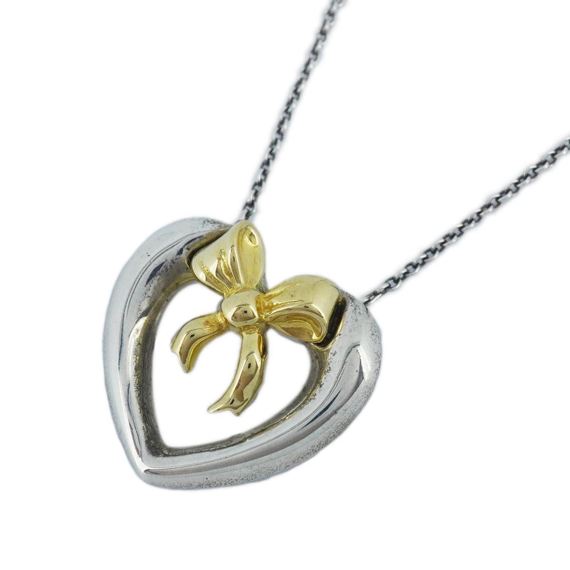 Tiffany Necklace Heart Ribbon K18YG Yellow Gold 925 Silver Women's